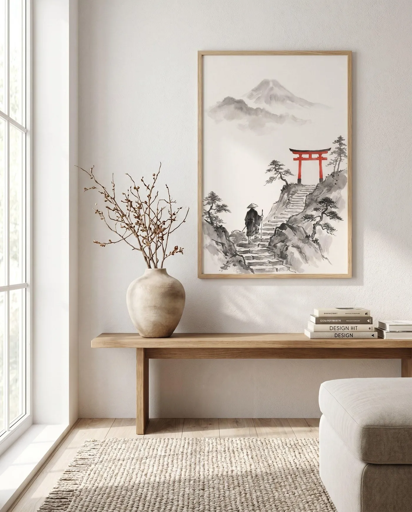 Japanese Wall Art | Red Japandi Pilgrim Torii Sumi-e Ink Print | Black and White Zen Decor | Digital Download