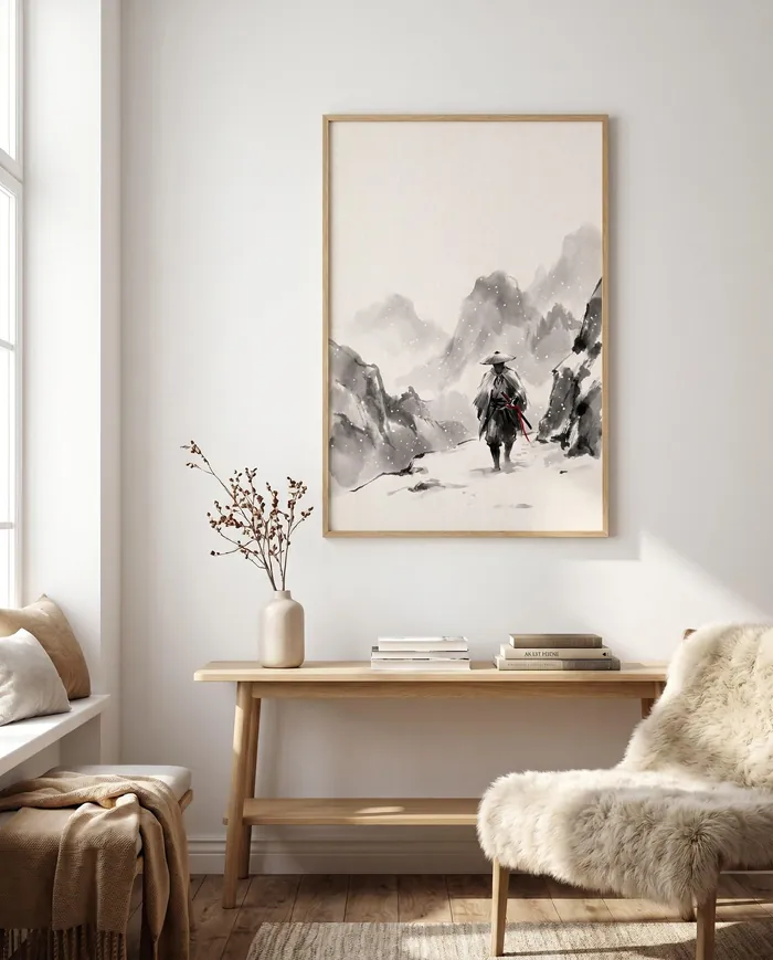 Japanese Wall Art | Red Japandi Snow Mountain Sumi-e Ink Print | Black and White Zen Decor | Digital Download