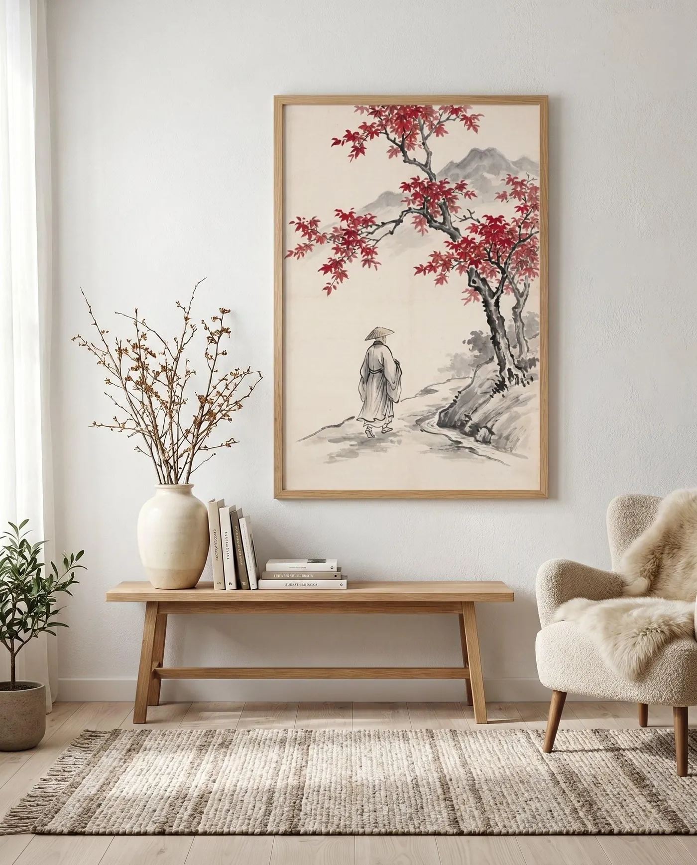 Japanese Wall Art | Red Japandi Monk Autumn Sumi-e Ink Print | Black and White Zen Decor | Digital Download