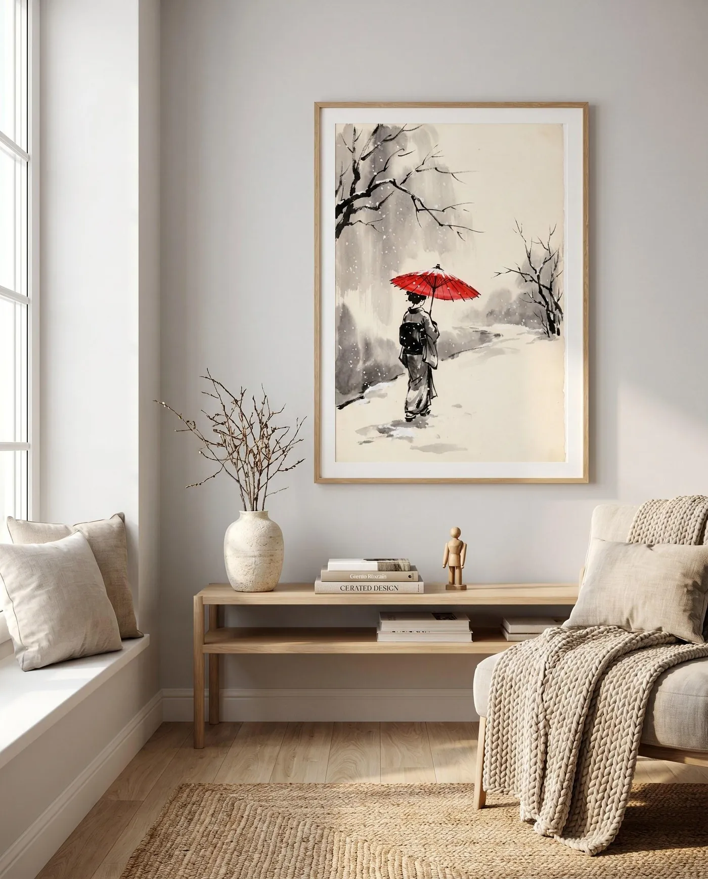 Japanese Wall Art | Japandi Woman Red Umbrella Sumi-e Ink Print | Black and White Zen Decor | Digital Download