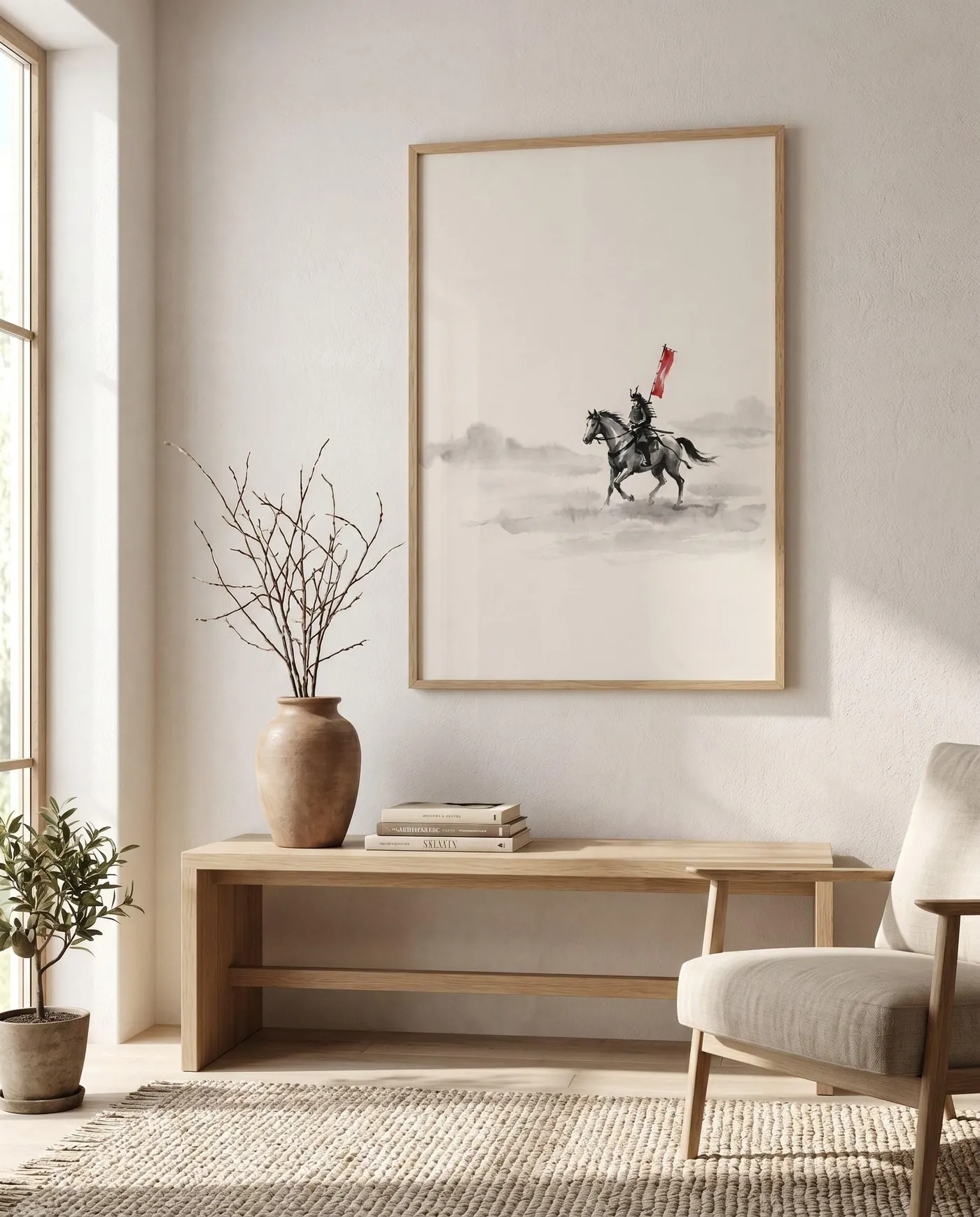 Japanese Wall Art | Red Japandi Horseback Mist Sumi-e Ink Print | Black and White Zen Decor | Digital Download