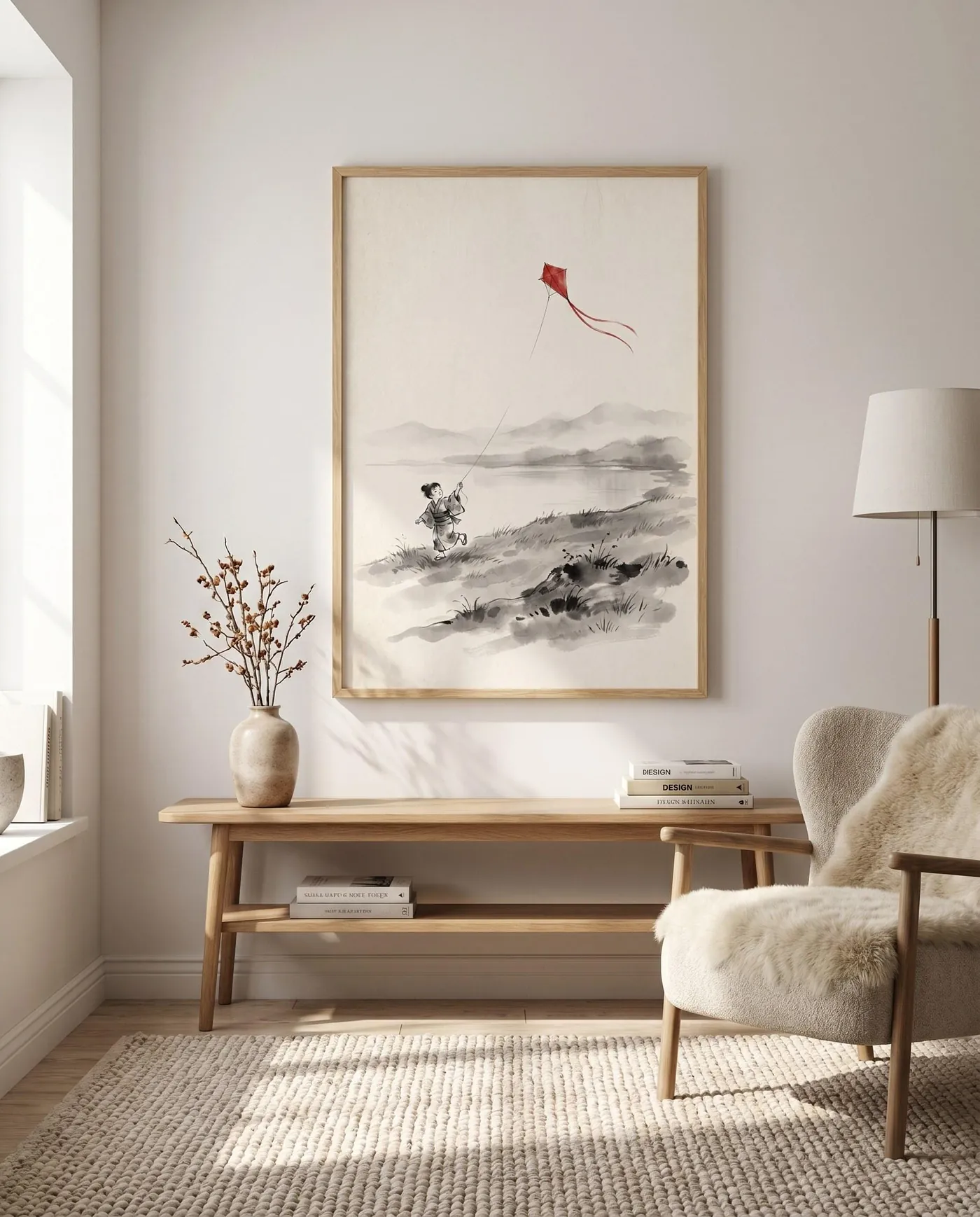 Japanese Landscape Art | Red Kite Lake Child Sumi-e Ink Print | Black and White Zen Decor | Digital Download