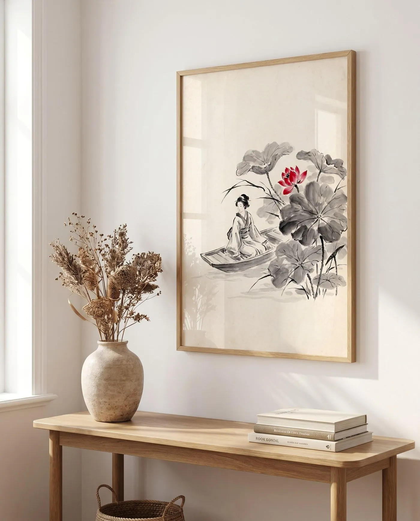 Botanical Wall Art | Red Japandi Woman Boat Sumi-e Ink Print | Black and White Zen Decor | Digital Download