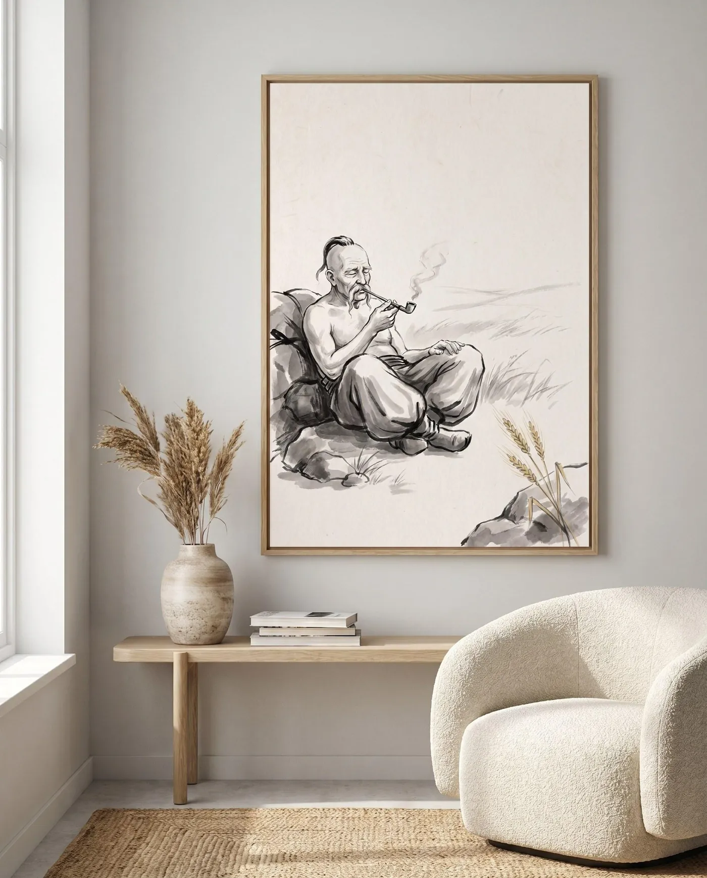 Ukrainian Wall Art | Cossack Smoking Pipe Steppe Sumi-e Ink Print | Black and White Ink Decor | Digital Download