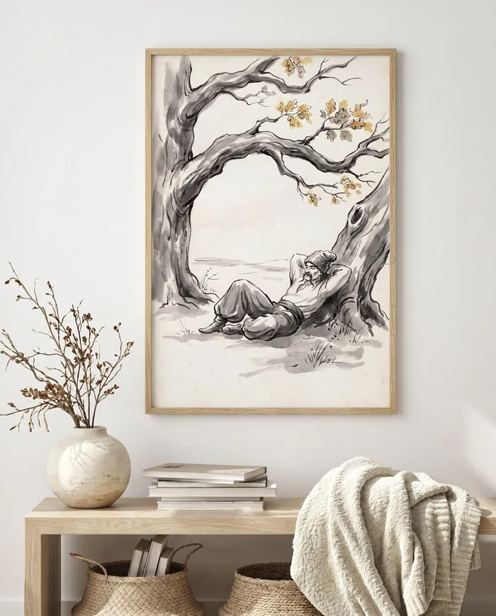 Ukrainian Wall Art | Folk Cossack Resting Under Sumi-e Ink Print | Black and White Ink Decor | Digital Download