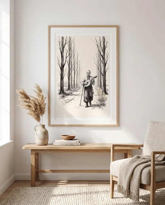 Ukrainian Wall Art | Poplar Road Kobzar Sumi-e Ink Print | Black and White Ink Decor | Digital Download | Printable Wall Art