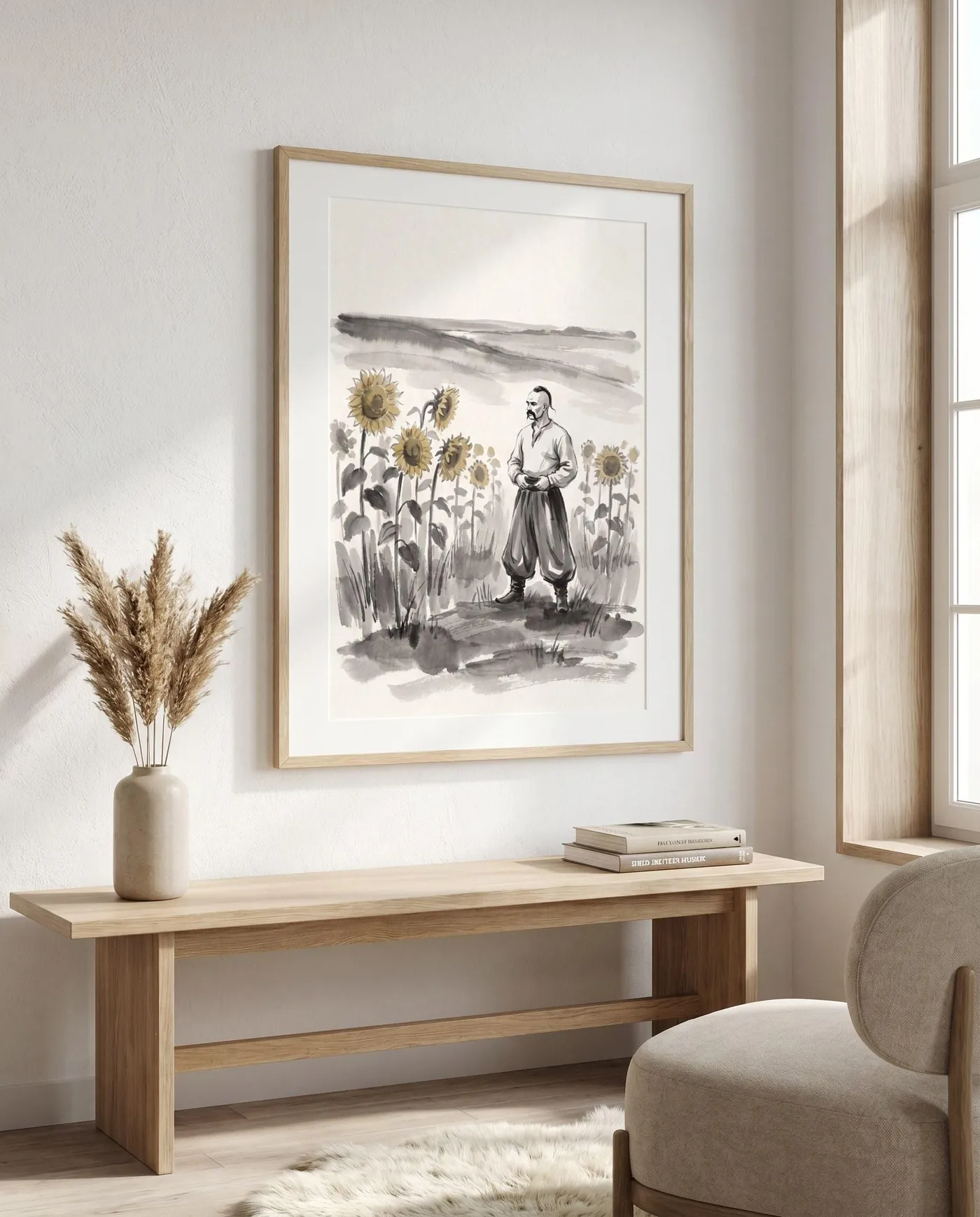 Ukrainian Wall Art | Cossack Among Sunflowers Folk Sumi-e Ink Print | Black and White Ink Decor | Digital Download