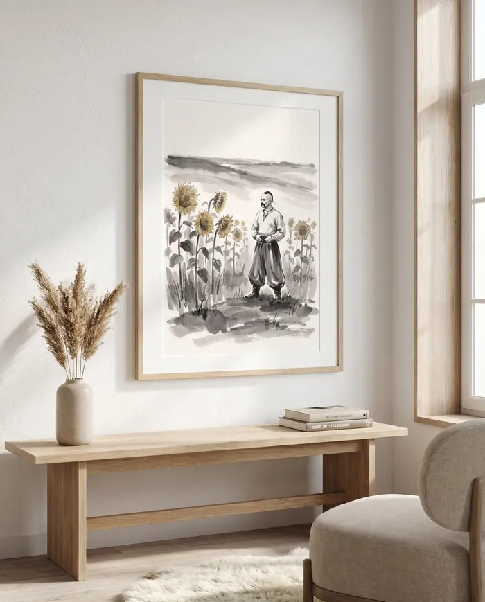 Ukrainian Wall Art | Cossack Among Sunflowers Folk Sumi-e Ink Print | Black and White Ink Decor | Digital Download