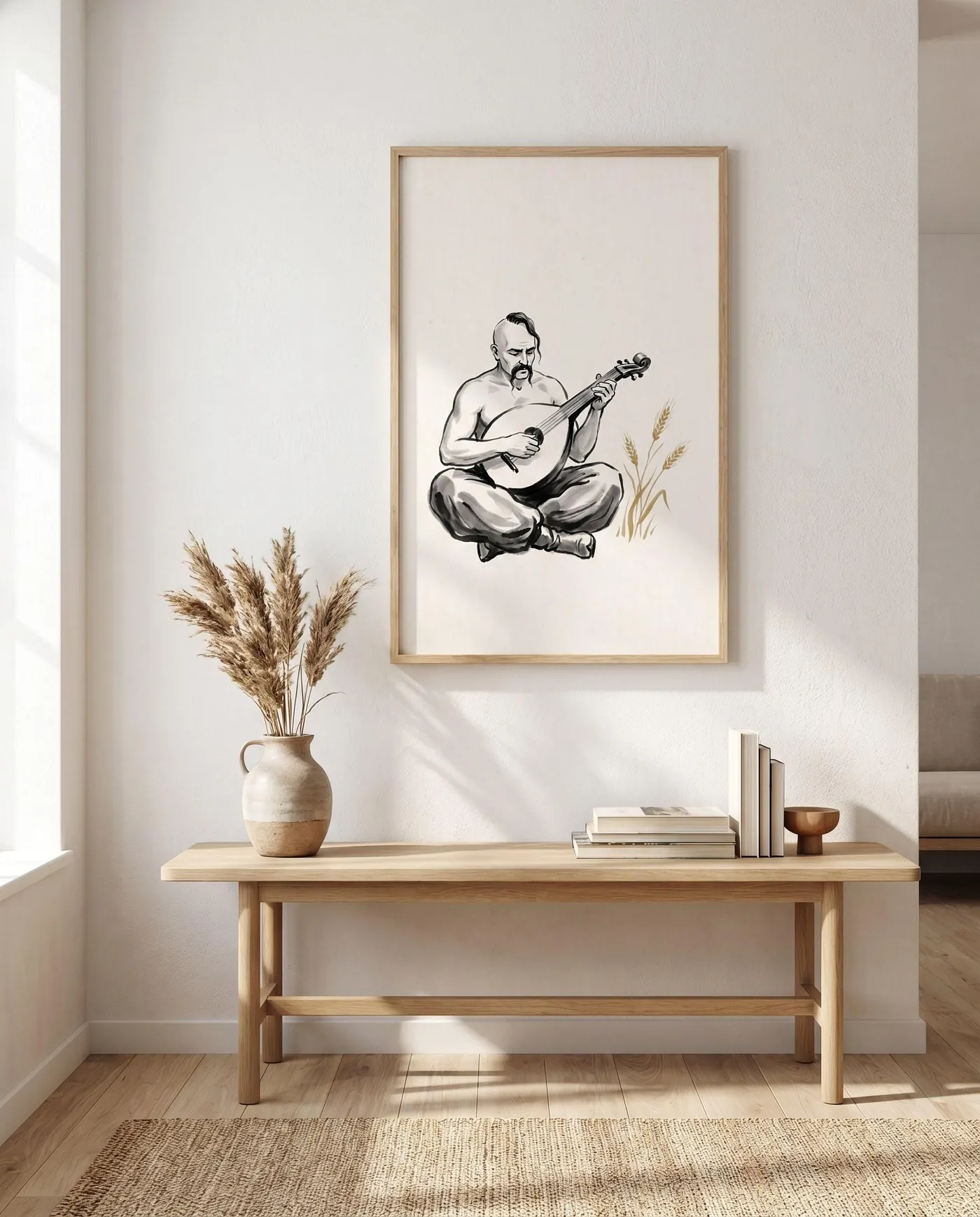 Ukrainian Wall Art | Folk Cossack Mamai Kobza Sumi-e Ink Print | Black and White Ink Decor | Digital Download