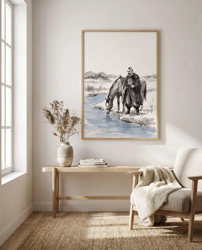 Ukrainian Wall Art | Cossack Horse River Sumi-e Ink Print | Black and White Ink Decor | Digital Download | Printable Wall Art