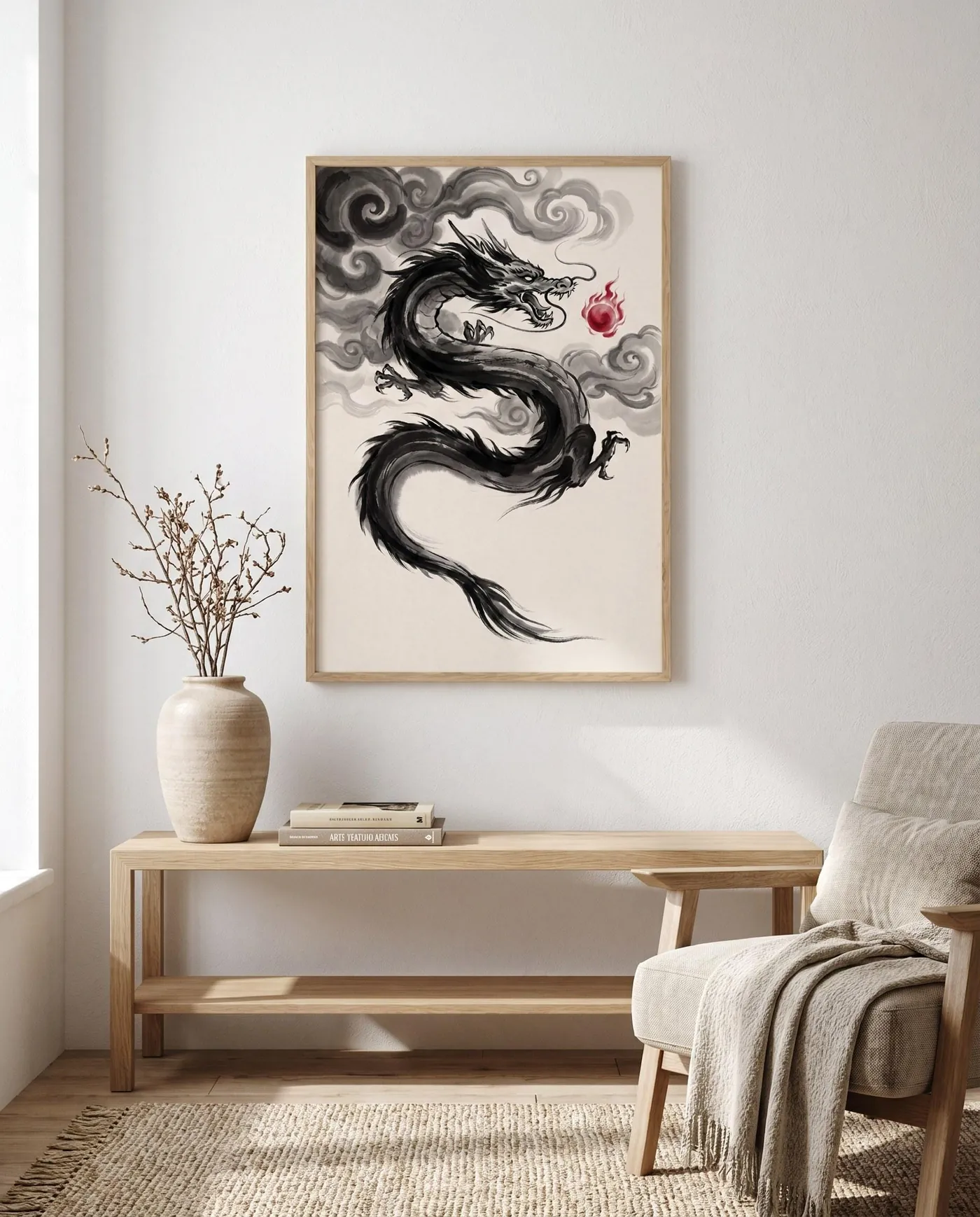 Japanese Dragon Wall Art | Japandi Eastern Wash Sumi-e Ink Print | Black and White Zen Decor | Digital Download