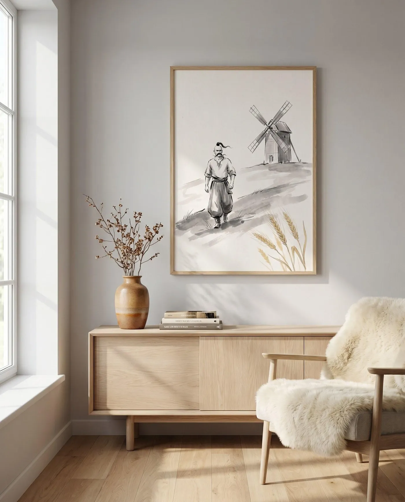 Ukrainian Wall Art | Folk Cossack Windmill Steppe Sumi-e Ink Print | Black and White Ink Decor | Digital Download
