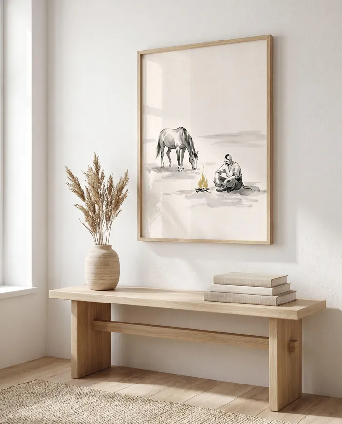 Ukrainian Wall Art | Folk Steppe Cossack Campfire Sumi-e Ink Print | Black and White Ink Decor | Digital Download
