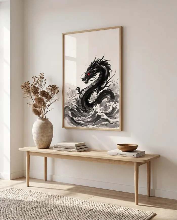 Japanese Wall Art | Red Japandi Ocean Waves Sumi-e Ink Print | Black and White Zen Decor | Digital Download
