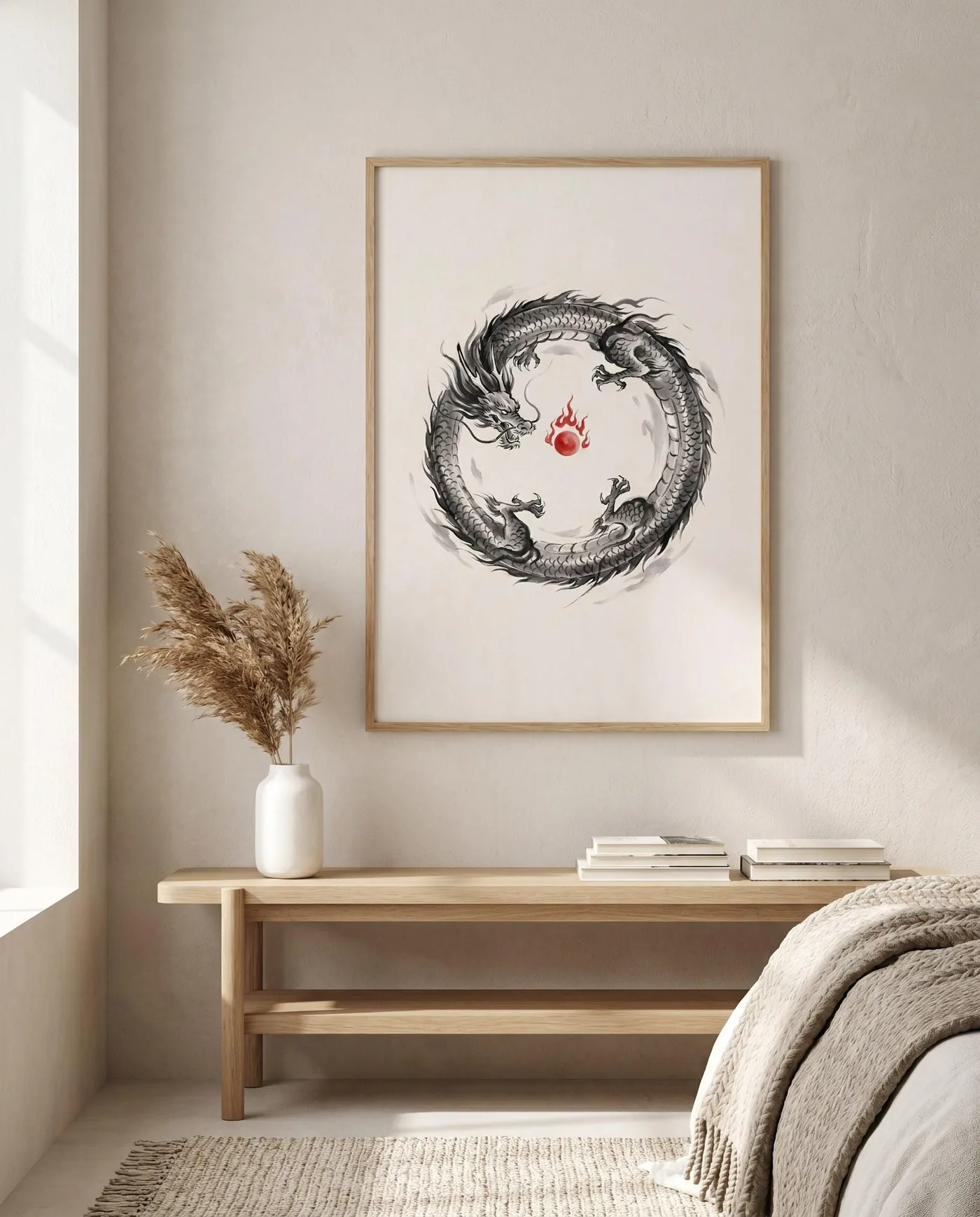 Japanese Dragon Wall Art | Red Japandi Circle Sumi-e Ink Print | Black and White Zen Decor | Digital Download