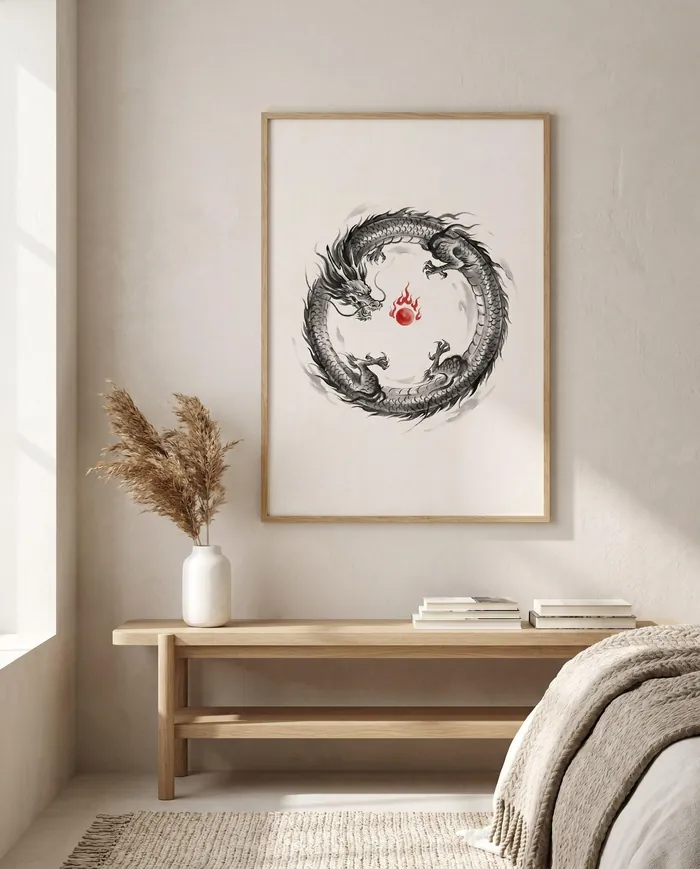 Japanese Dragon Wall Art | Red Japandi Circle Sumi-e Ink Print | Black and White Zen Decor | Digital Download