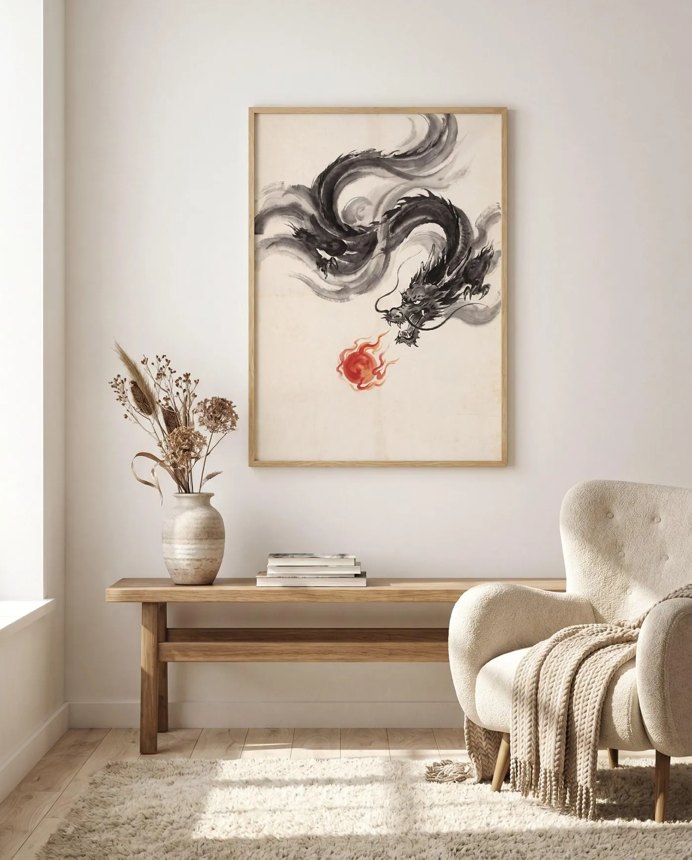 Japanese Dragon Wall Art | Red Japandi Chasing Pearl Sumi-e Ink Print | Black and White Zen Decor | Digital Download