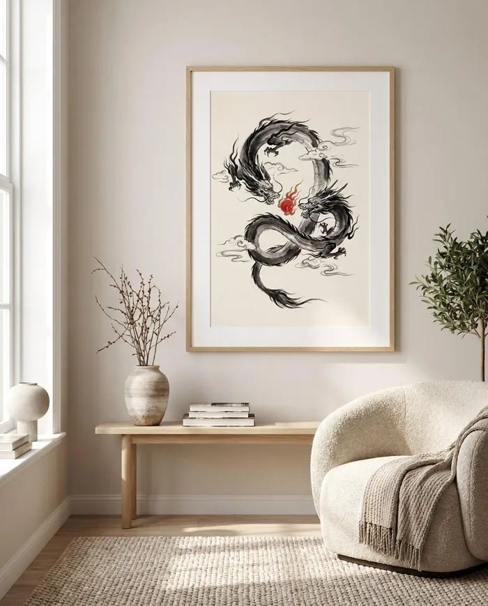 Japanese Dragon Wall Art | Red Japandi Two Dragons Sumi-e Ink Print | Black and White Zen Decor | Digital Download
