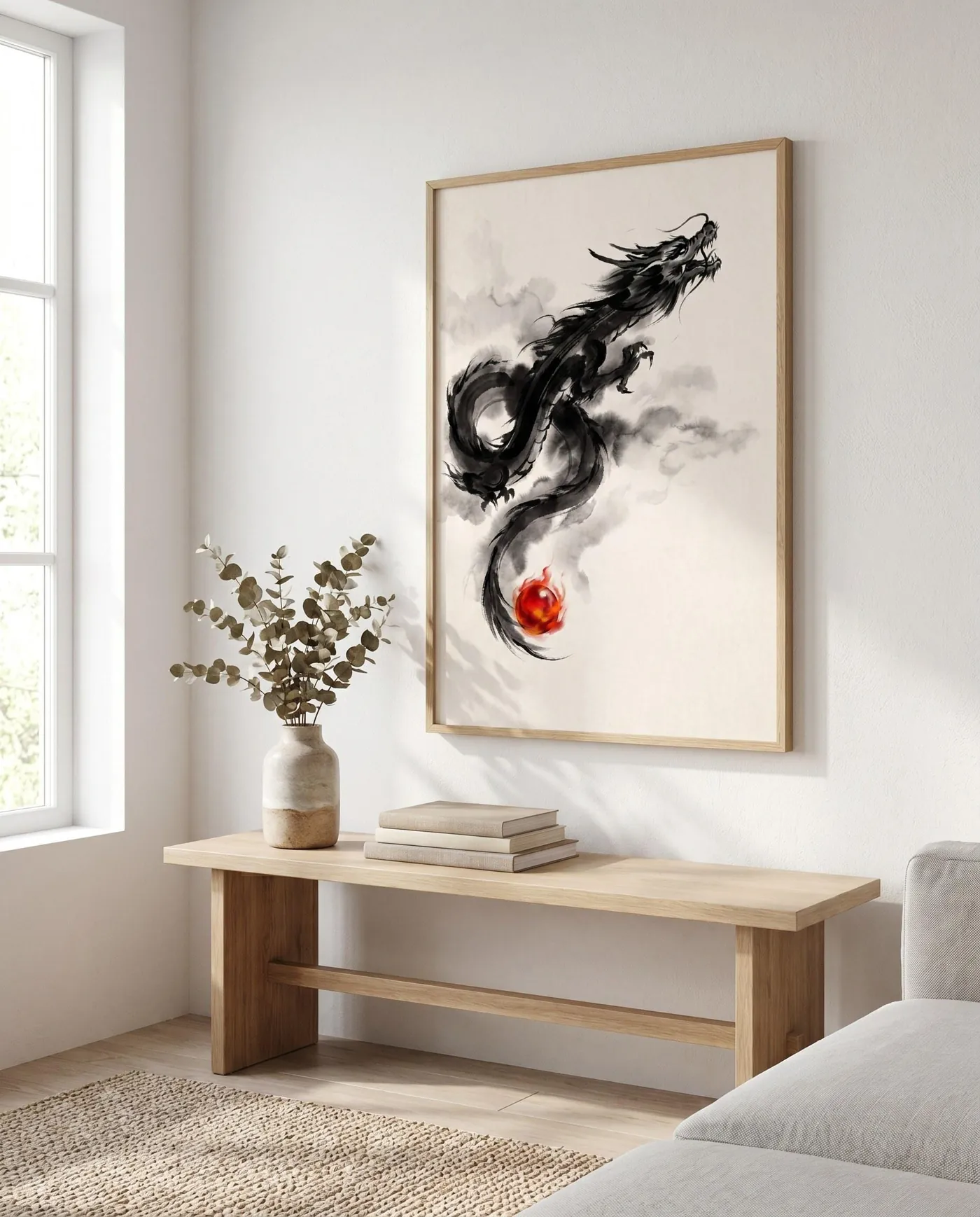 Japanese Dragon Wall Art | Red Ascending Japandi Sumi-e Ink Print | Black and White Zen Decor | Digital Download