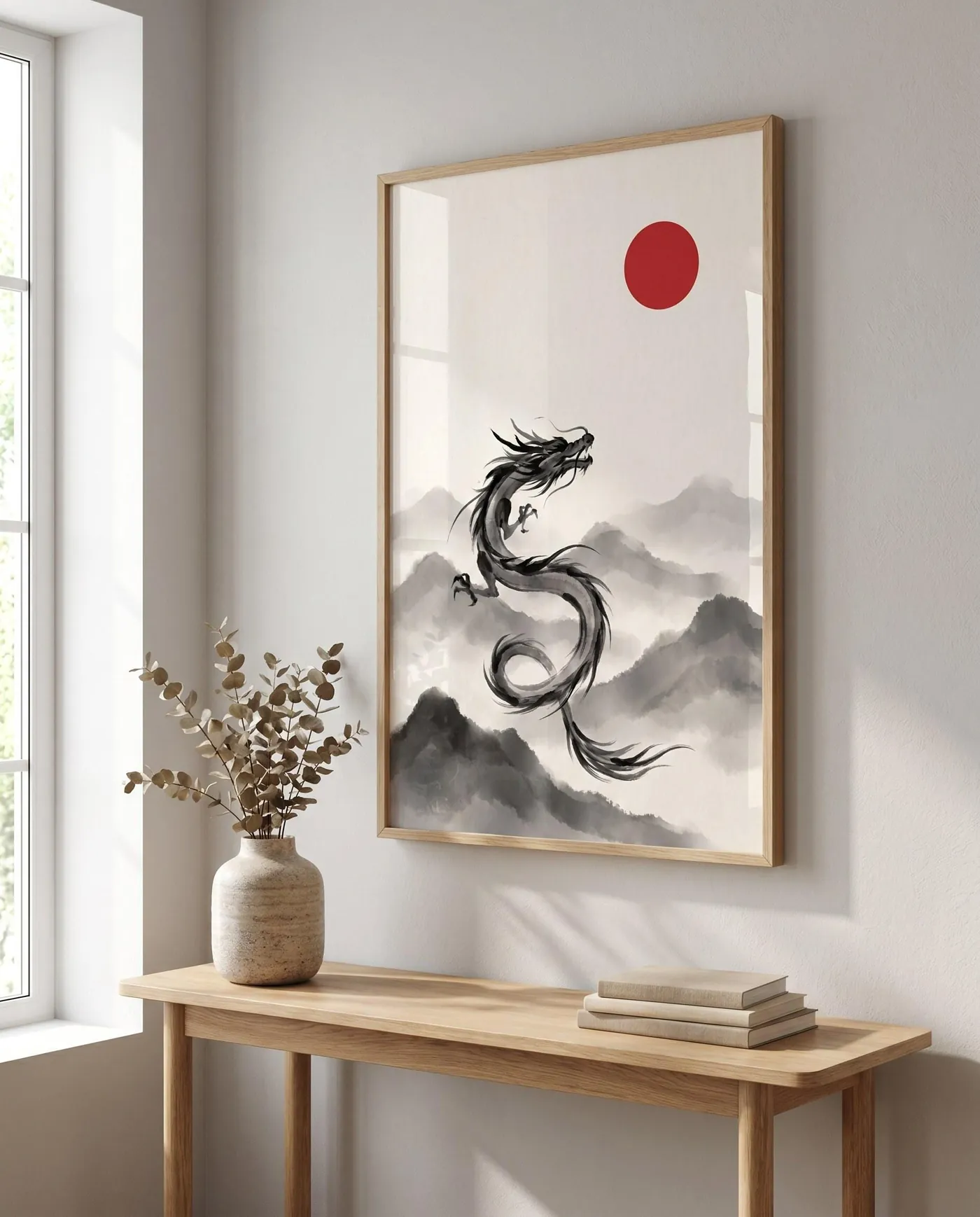 Japanese Dragon Wall Art | Red Sun Japandi Misty Sumi-e Ink Print | Black and White Zen Decor | Digital Download