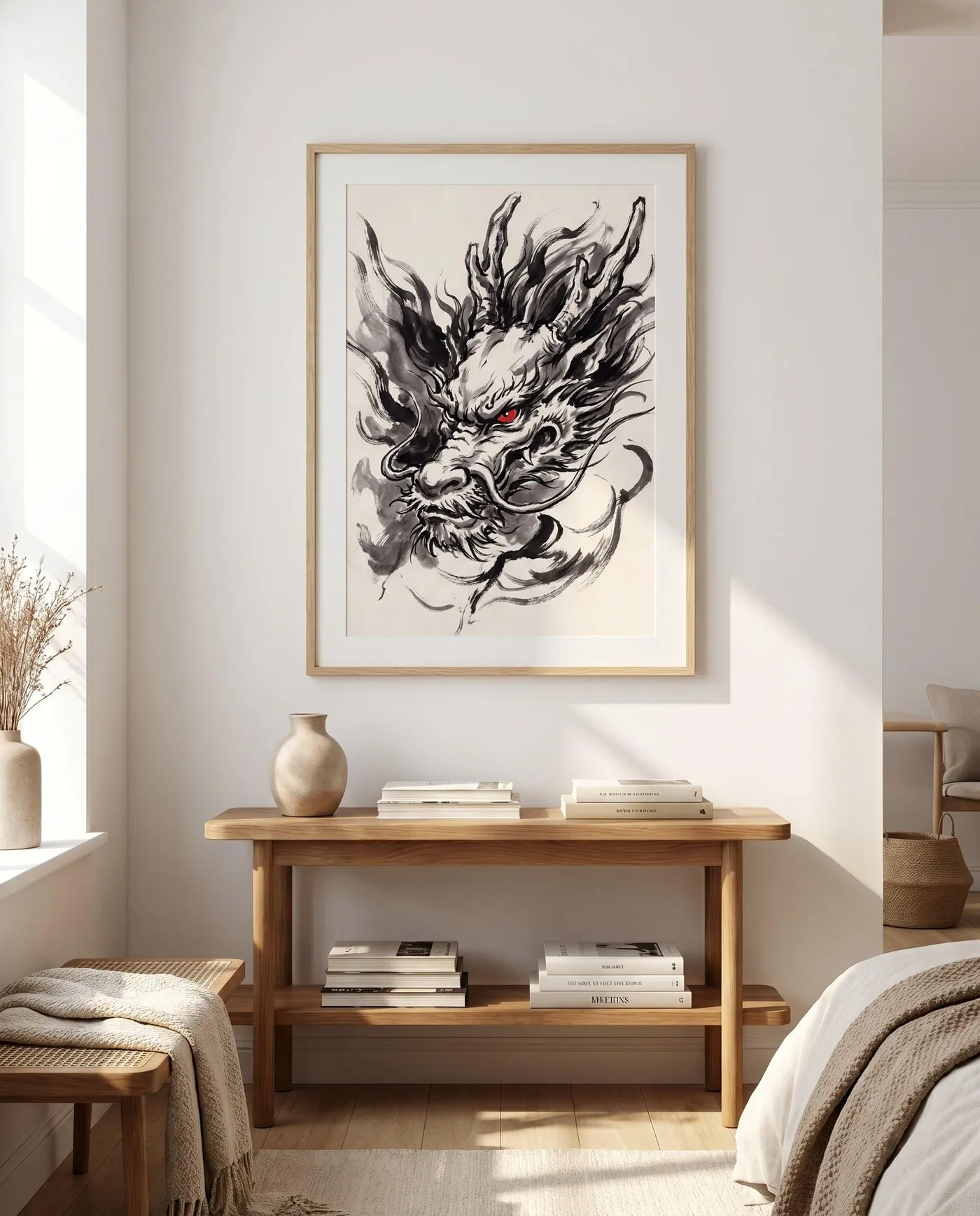 Japanese Dragon Wall Art | Red Head Sumi-e Ink Print | Black and White Zen Decor | Digital Download | Printable Wall Art