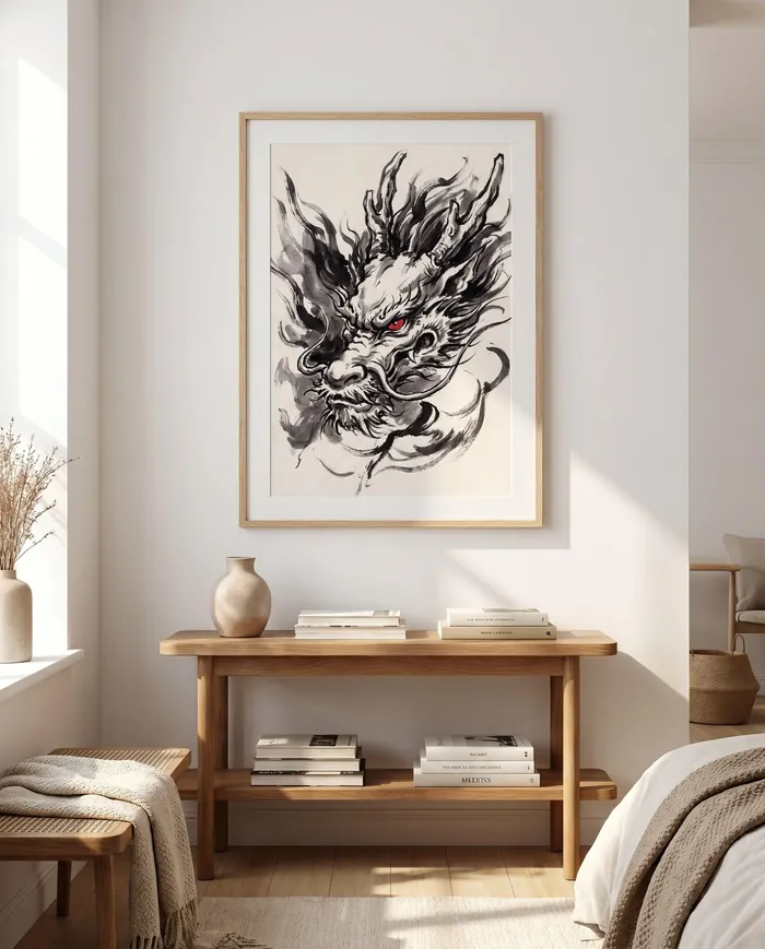 Japanese Dragon Wall Art | Red Head Sumi-e Ink Print | Black and White Zen Decor | Digital Download | Printable Wall Art