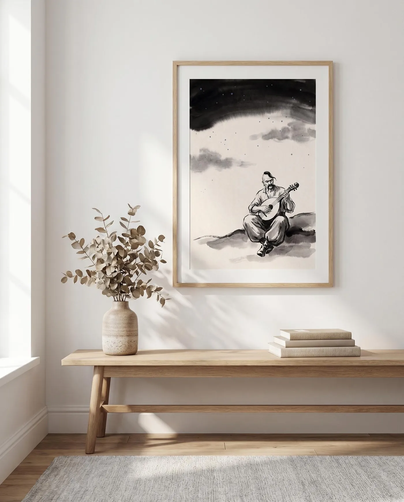 Ukrainian Wall Art | Starry Steppe Cossack Kobza Sumi-e Ink Print | Black and White Ink Decor | Digital Download