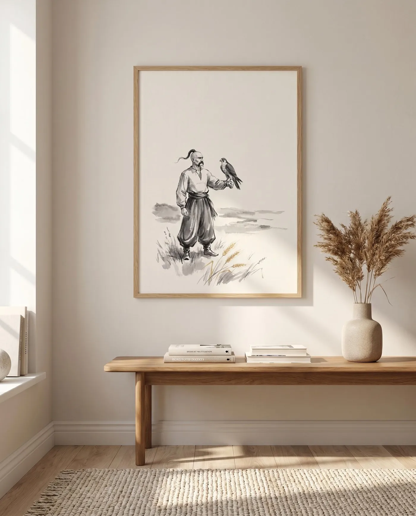 Ukrainian Wall Art | Cossack Falcon Sumi-e Ink Print | Black and White Ink Decor | Digital Download | Printable Wall Art