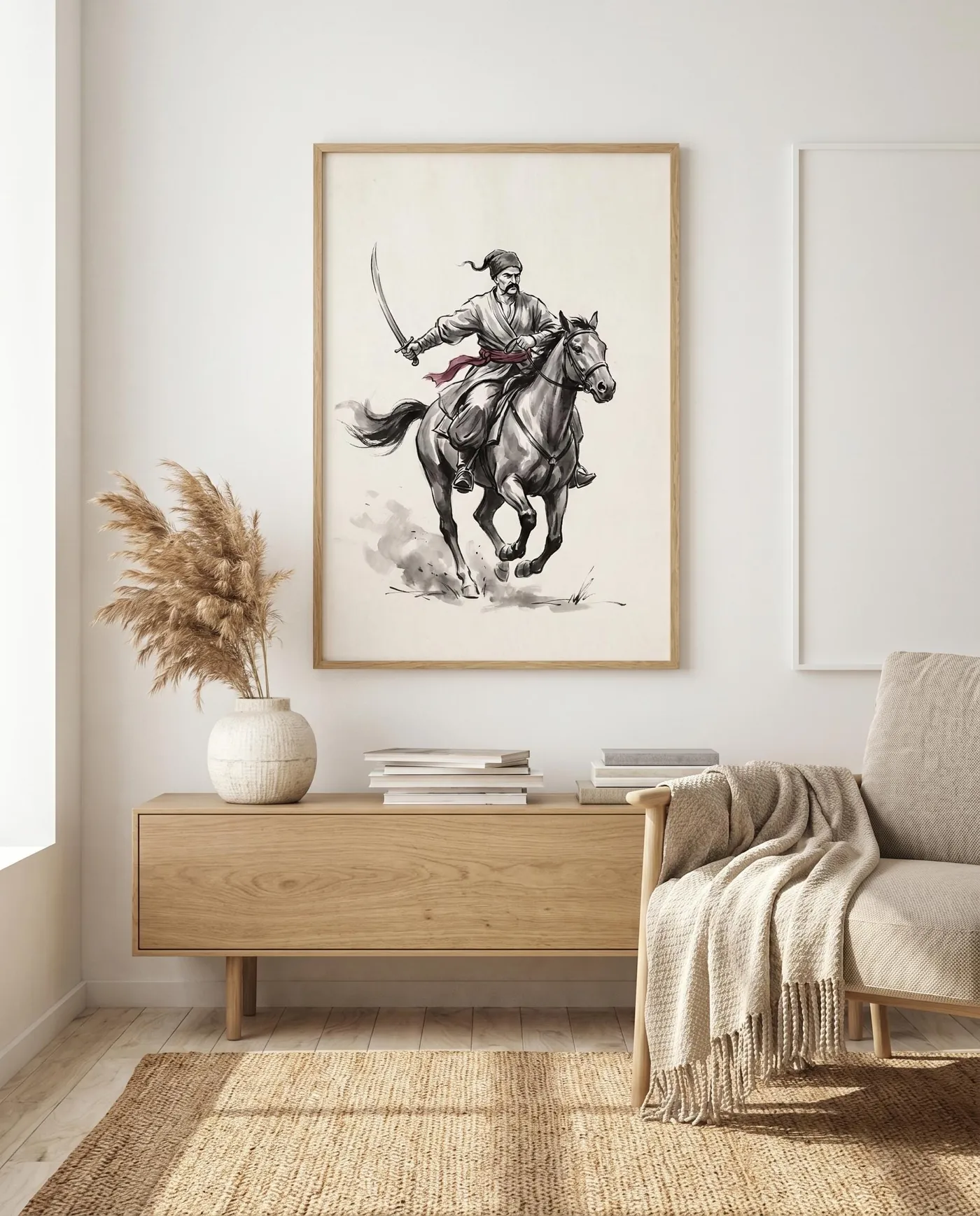 Ukrainian Wall Art | Warrior Cossack Saber Charge Sumi-e Ink Print | Black and White Ink Decor | Digital Download
