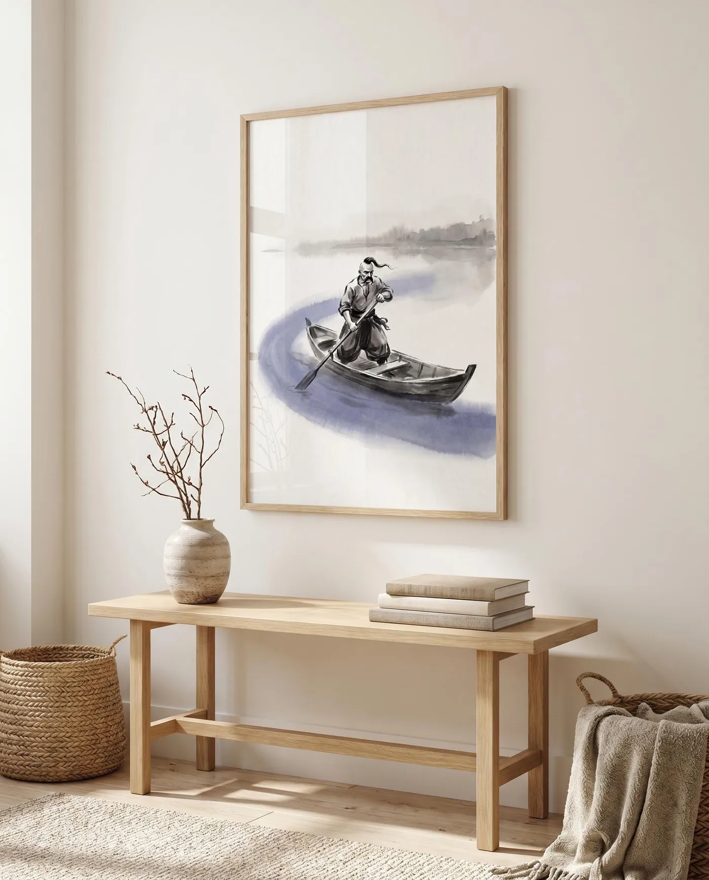Ukrainian Wall Art | Heritage River Cossack Rowing Sumi-e Ink Print | Black and White Ink Decor | Digital Download