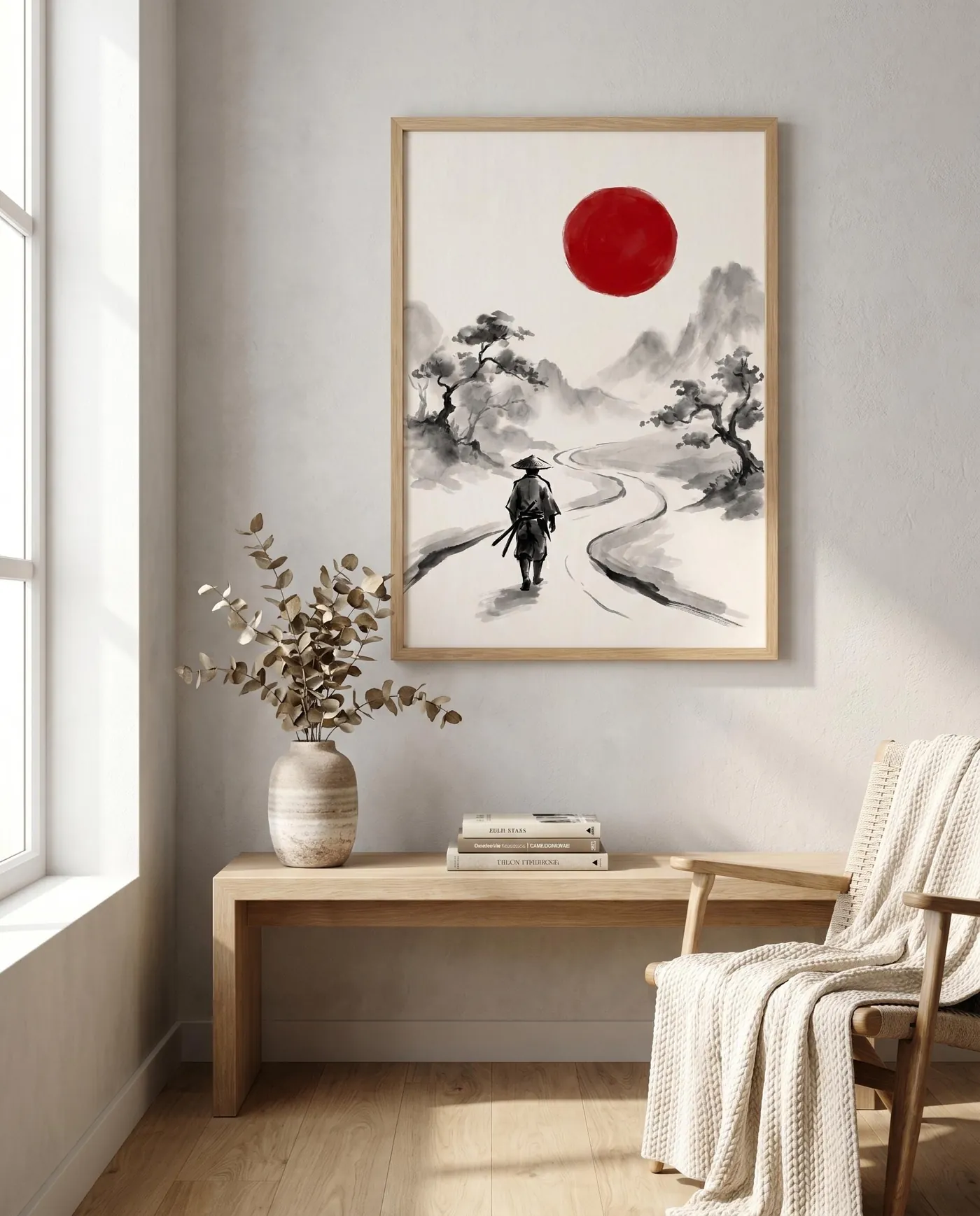 Samurai Wall Art | Dusk Wandering Ronin Sumi-e Ink Print | Black and White Zen Decor | Digital Download | Printable Wall Art