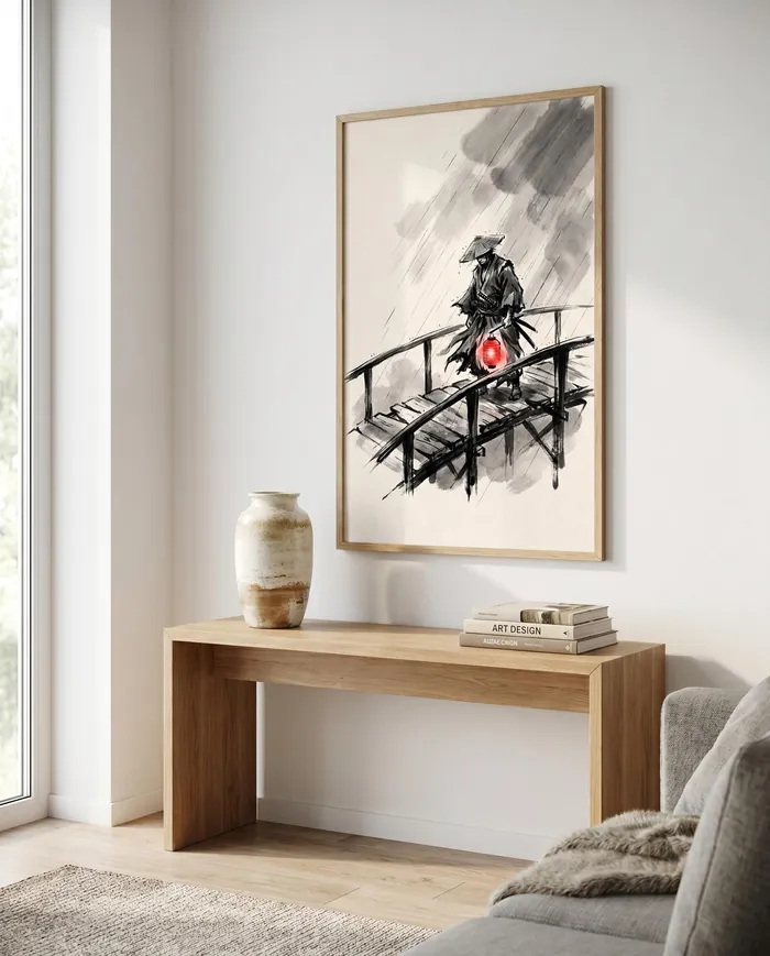 Samurai Wall Art | Moody Ronin Crossing Bridge Sumi-e Ink Print | Black and White Zen Decor | Digital Download