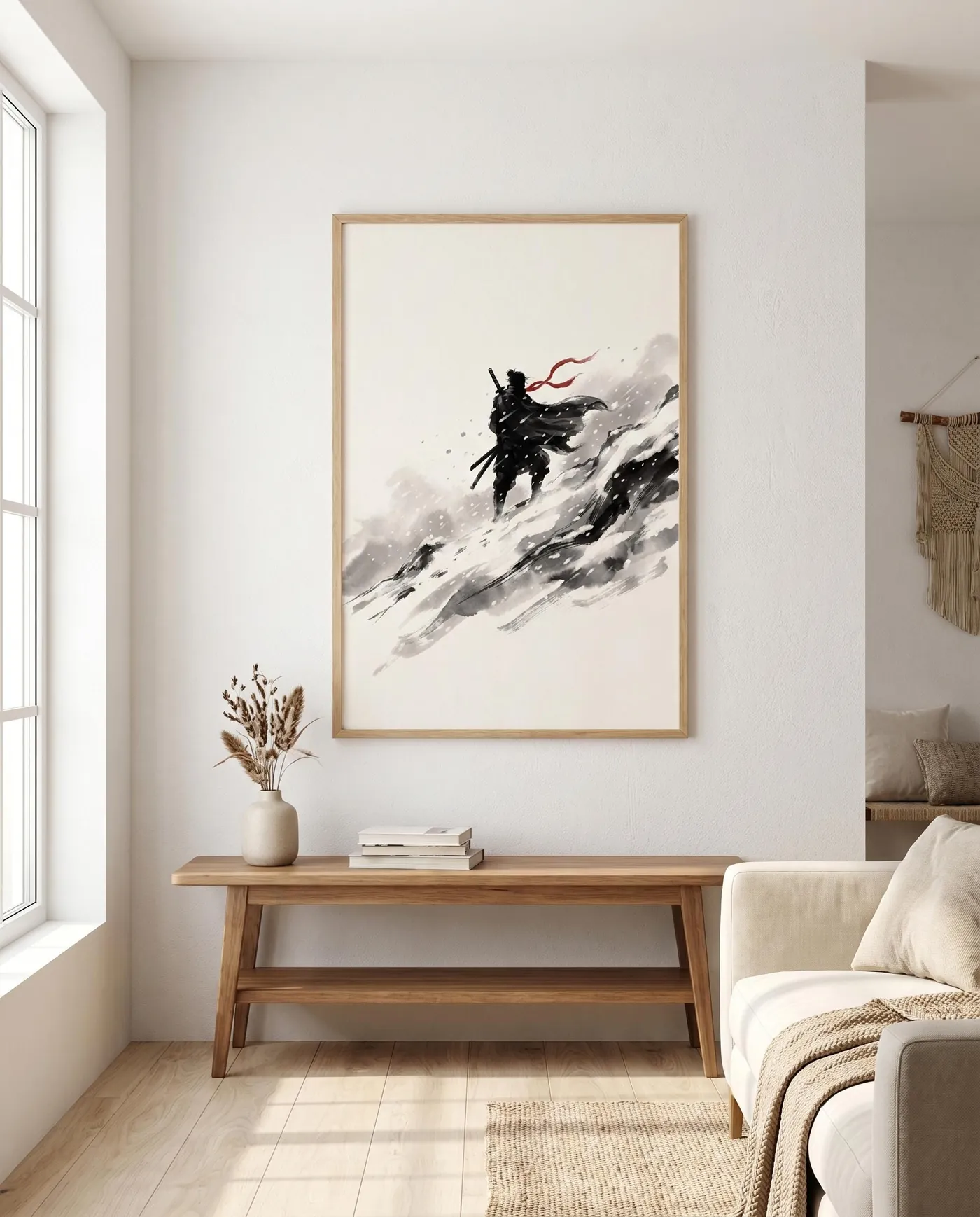 Japanese Wall Art | Ronin Snowy Mountain Pass Sumi-e Ink Print | Black and White Zen Decor | Digital Download