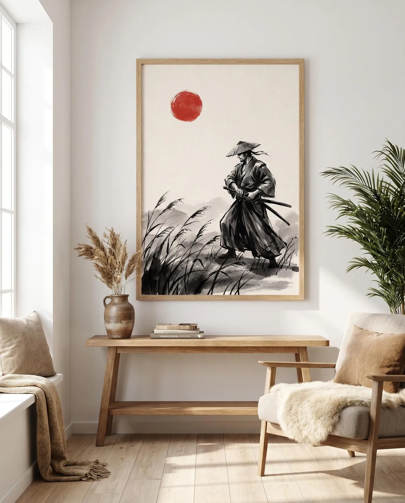 Samurai Wall Art | Red Sun Reed Field Sumi-e Ink Print | Black and White Zen Decor | Digital Download | Printable Wall Art
