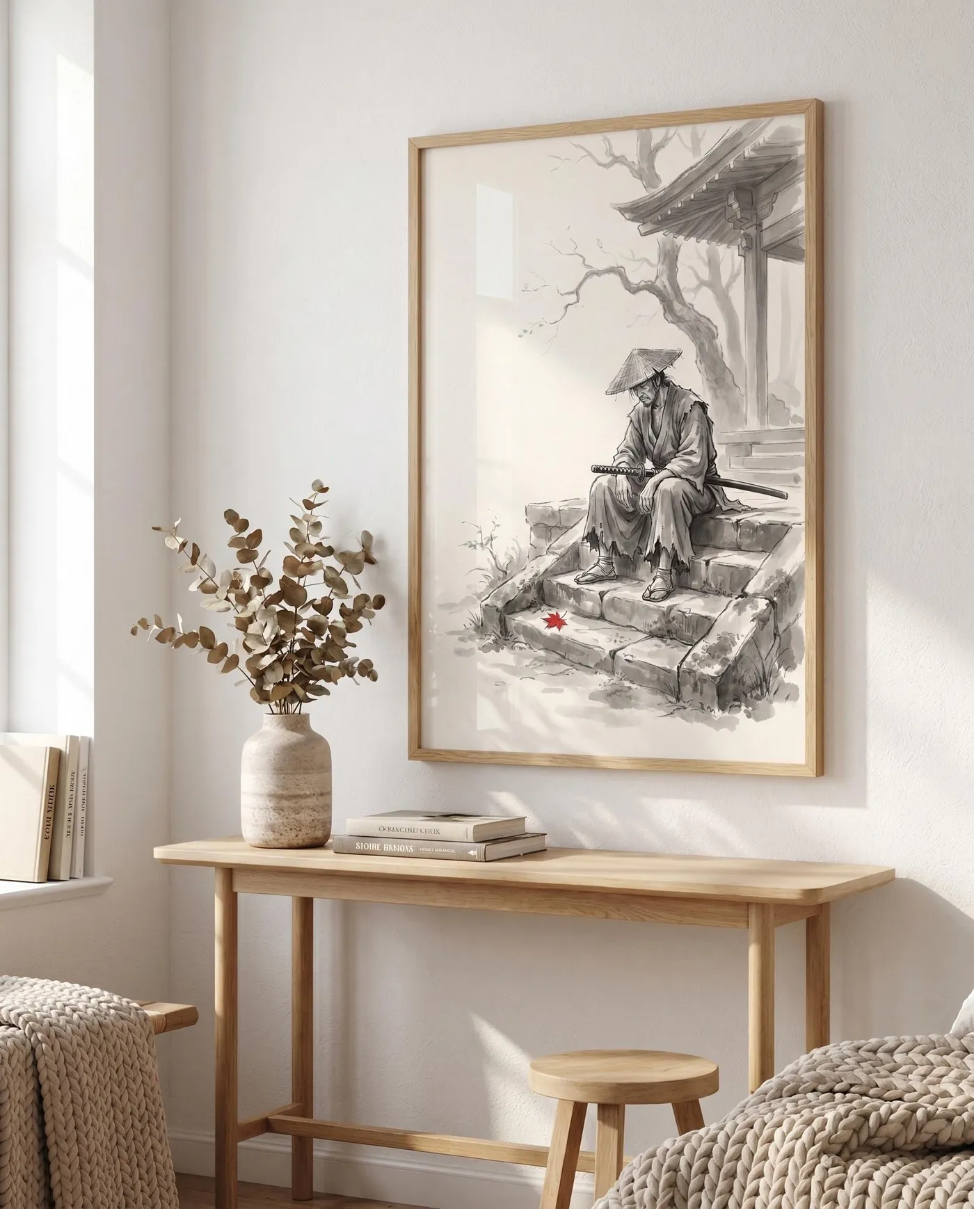 Samurai Wall Art | Red Maple Weary Ronin Sumi-e Ink Print | Black and White Zen Decor | Digital Download | Printable Wall Art