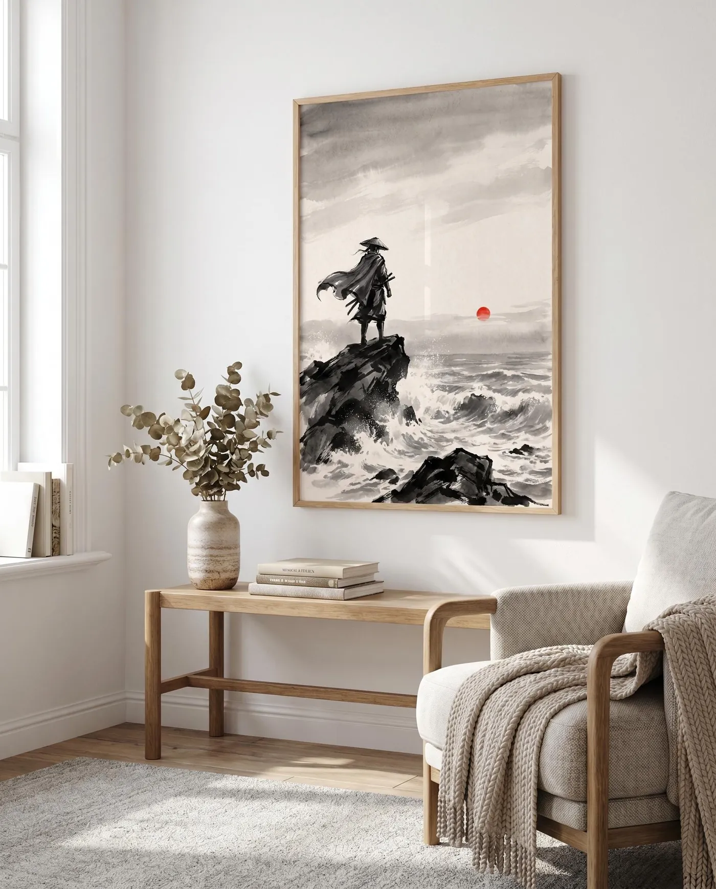 Samurai Wall Art | Stormy Sea Red Sun Sumi-e Ink Print | Black and White Zen Decor | Digital Download | Printable Wall Art