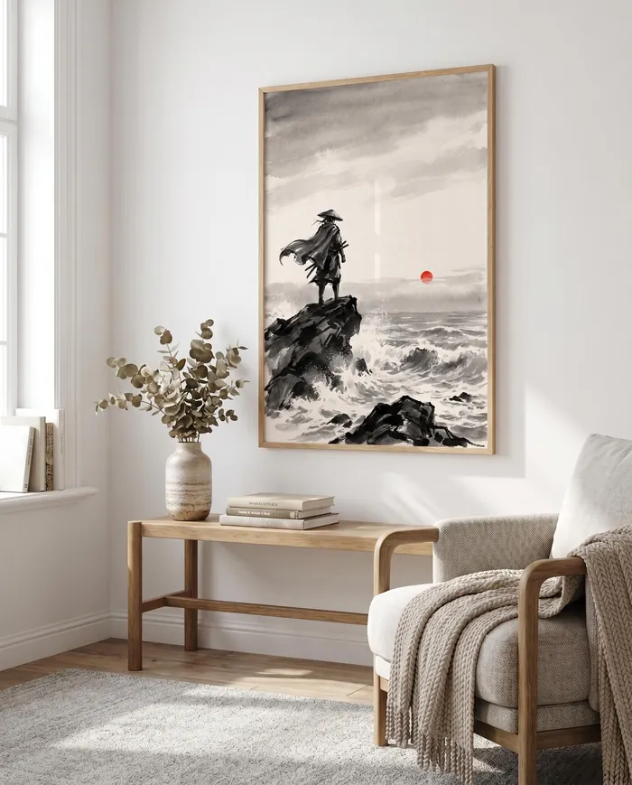 Samurai Wall Art | Stormy Sea Red Sun Sumi-e Ink Print | Black and White Zen Decor | Digital Download | Printable Wall Art