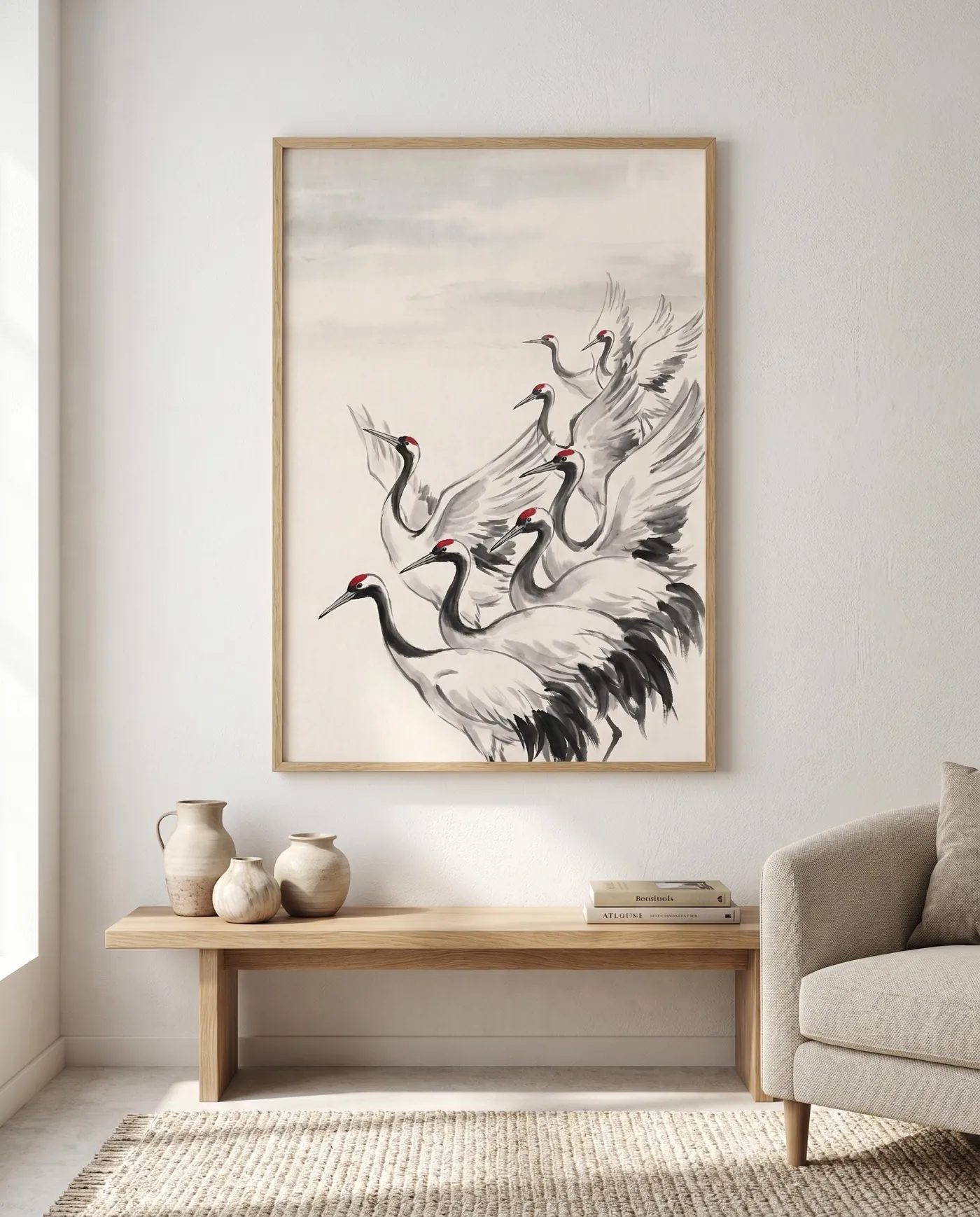 Japanese Wall Art | Red Crowned Cranes Rising Sumi-e Ink Print | Black and White Zen Decor | Digital Download