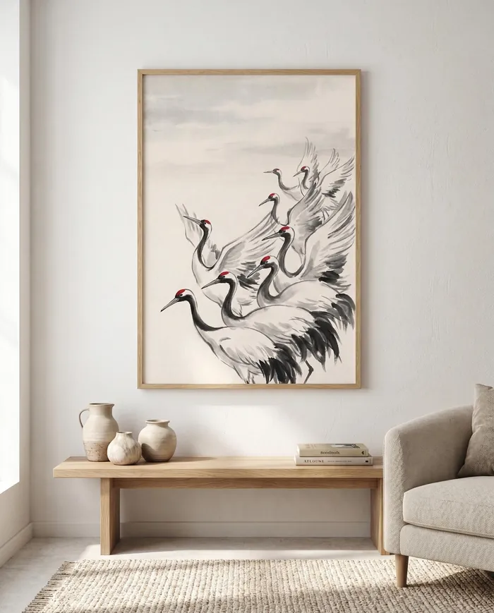 Japanese Wall Art | Red Crowned Cranes Rising Sumi-e Ink Print | Black and White Zen Decor | Digital Download