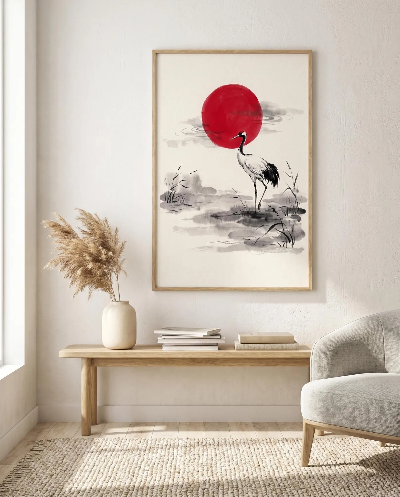 Japanese Wall Art | Red Crowned Crane Marsh Sumi-e Ink Print | Black and White Zen Decor | Digital Download