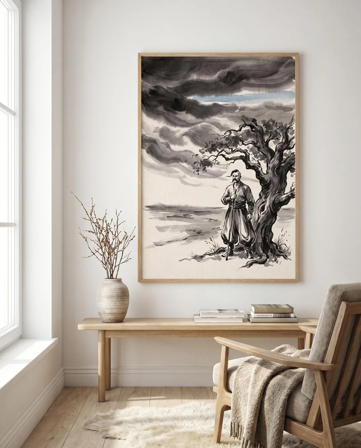 Ukrainian Wall Art | Cossack Beside Great Oak Sumi-e Ink Print | Black and White Ink Decor | Digital Download