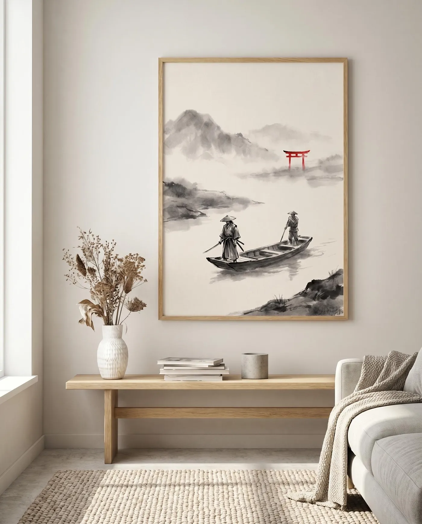 Japanese Wall Art | Red Torii Ronin Misty Sumi-e Ink Print | Black and White Zen Decor | Digital Download | Printable Wall Art