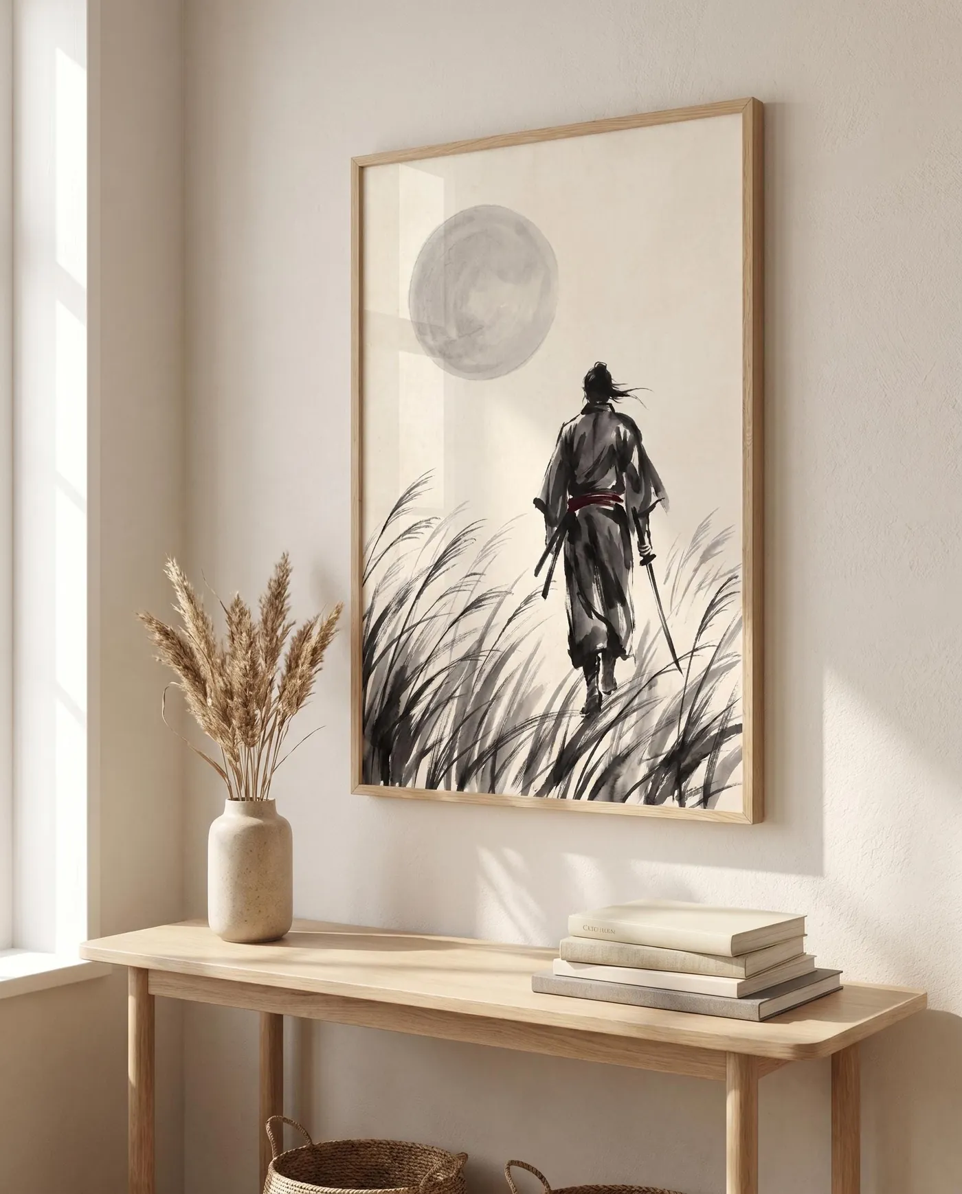 Samurai Wall Art | Red Ronin Walking Under Sumi-e Ink Print | Black and White Zen Decor | Digital Download