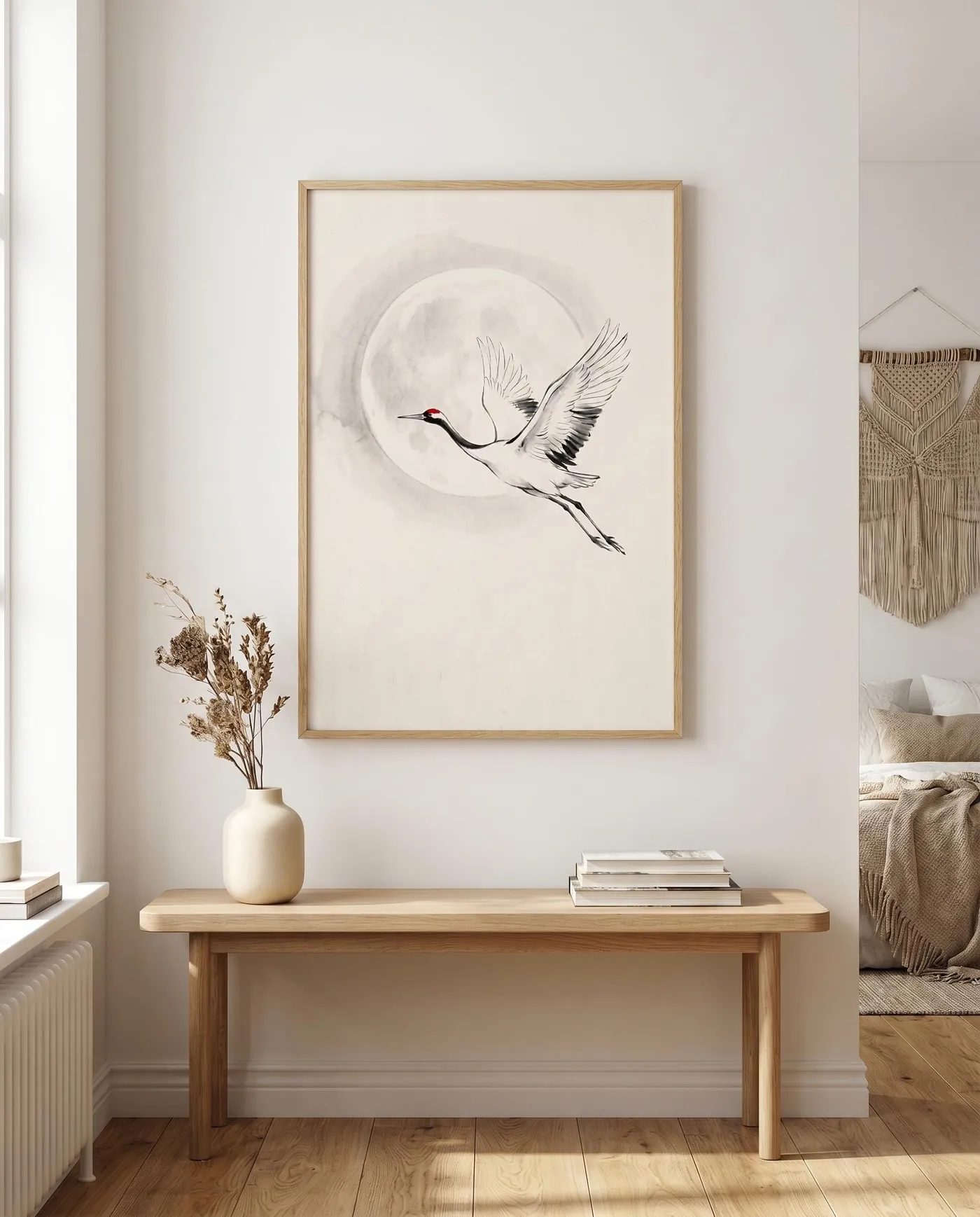 Japanese Wall Art | Red Crowned Crane Moon Sumi-e Ink Print | Black and White Zen Decor | Digital Download