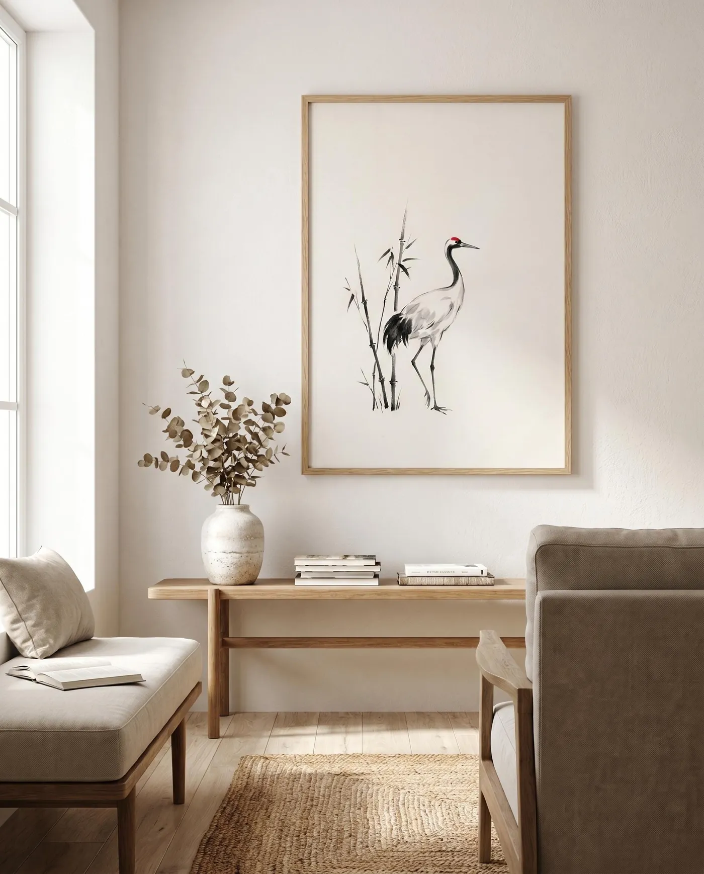 Japanese Wall Art | Japandi Nature Red Crowned Crane Sumi-e Ink Print | Black and White Zen Decor | Digital Download