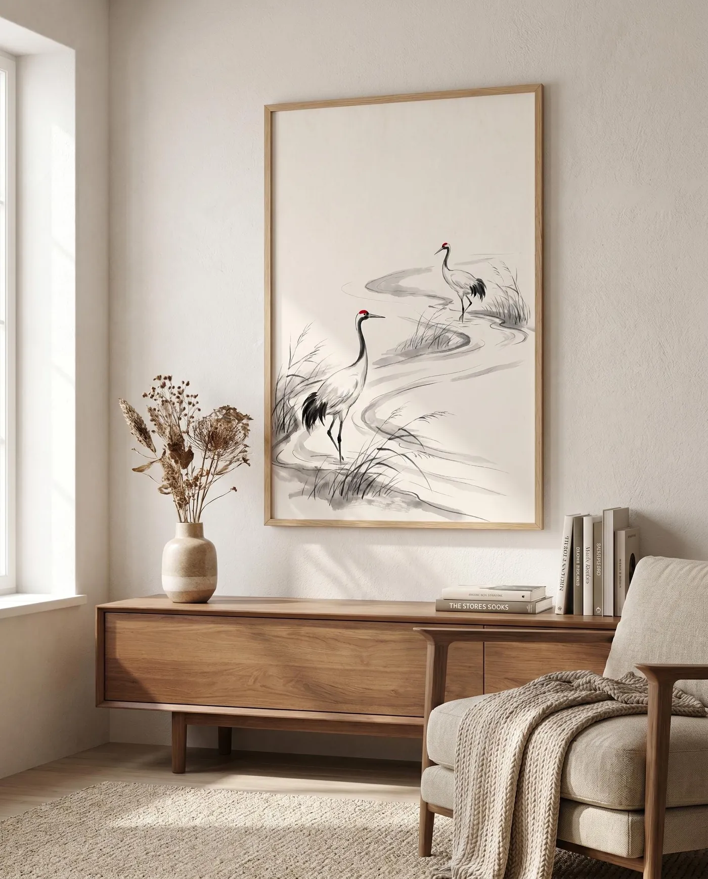 Japanese Wall Art | Japandi Red Crowned Cranes River Sumi-e Ink Print | Black and White Zen Decor | Digital Download