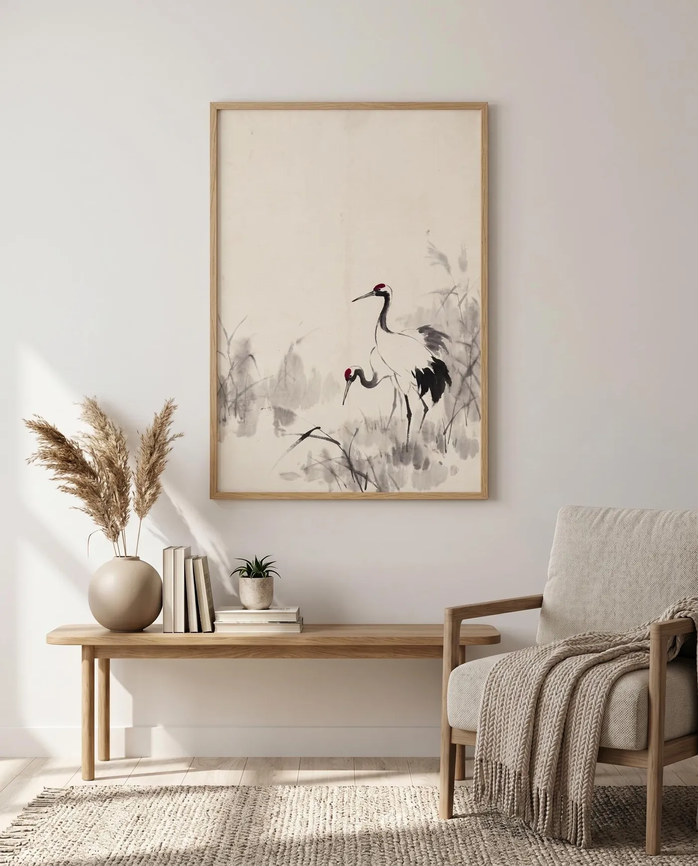 Koi Fish Wall Art | Misty Reeds Dawn Red Crowned Sumi-e Ink Print | Black and White Zen Decor | Digital Download