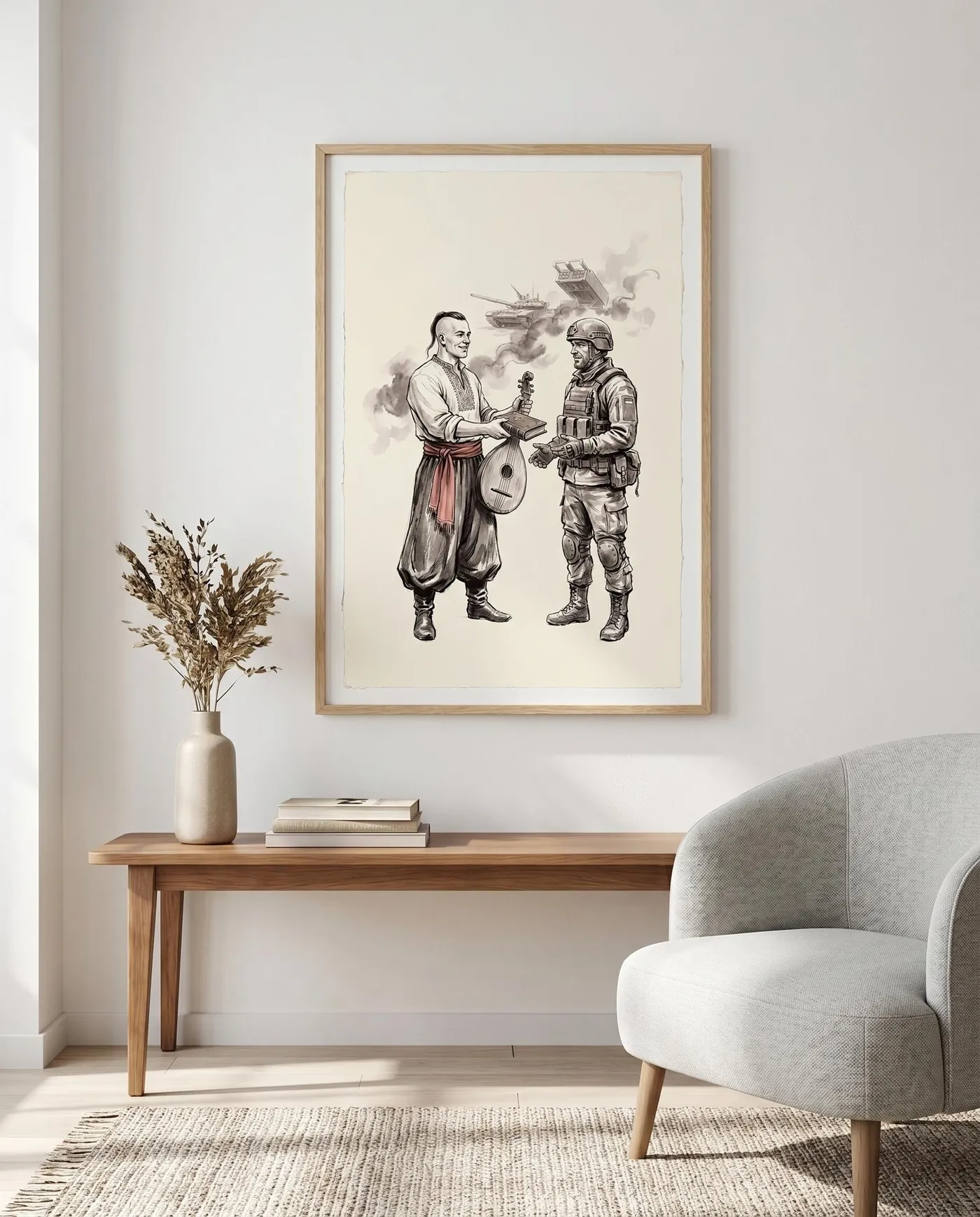 Ukrainian Wall Art | Cossack Passing Kobza Wisdom Sumi-e Ink Print | Black and White Ink Decor | Digital Download