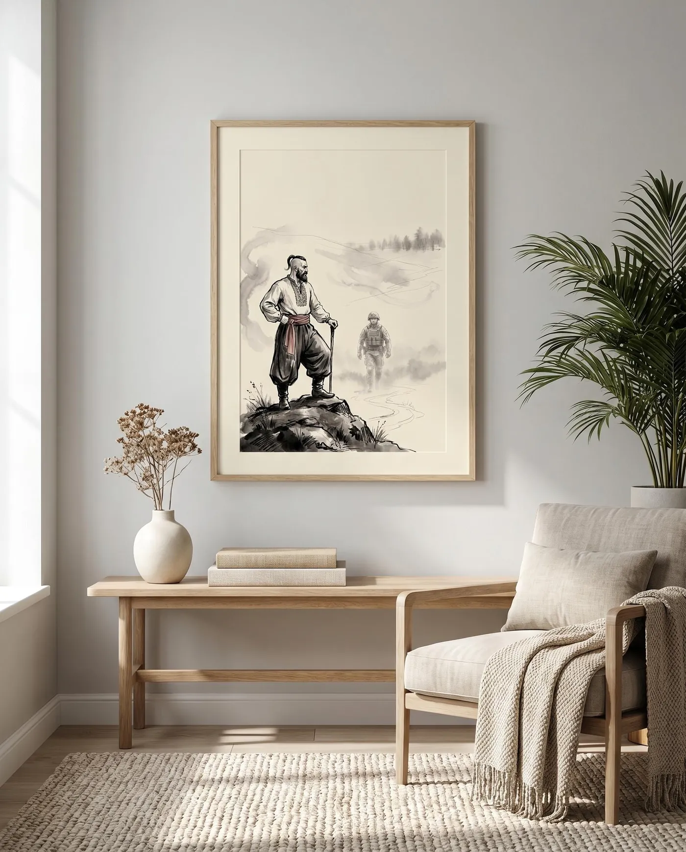 Ukrainian Wall Art | Cossack Spirit Guarding Soldier Sumi-e Ink Print | Black and White Ink Decor | Digital Download