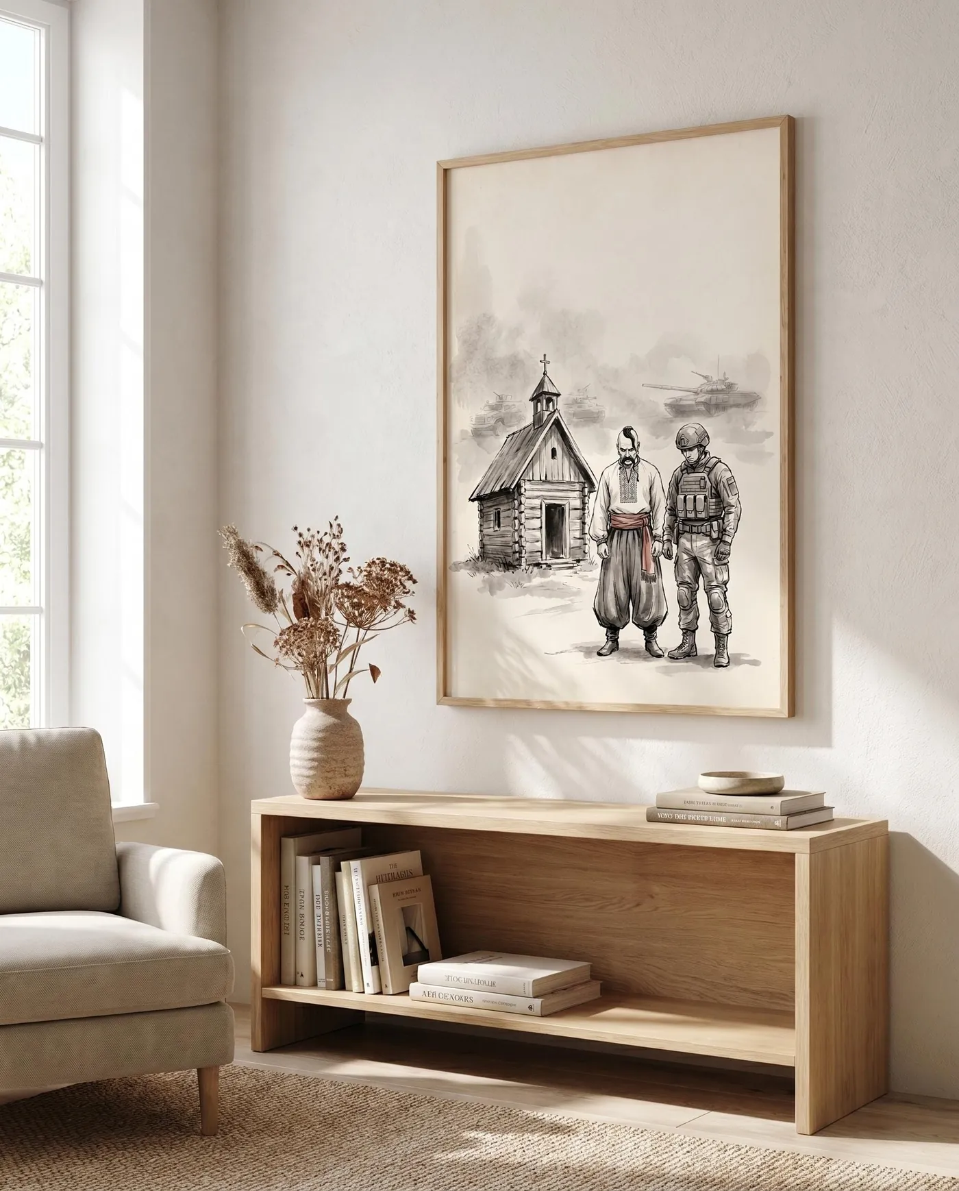 Ukrainian Wall Art | Illustration Cossack Soldier Chapel Sumi-e Ink Print | Black and White Ink Decor | Digital Download